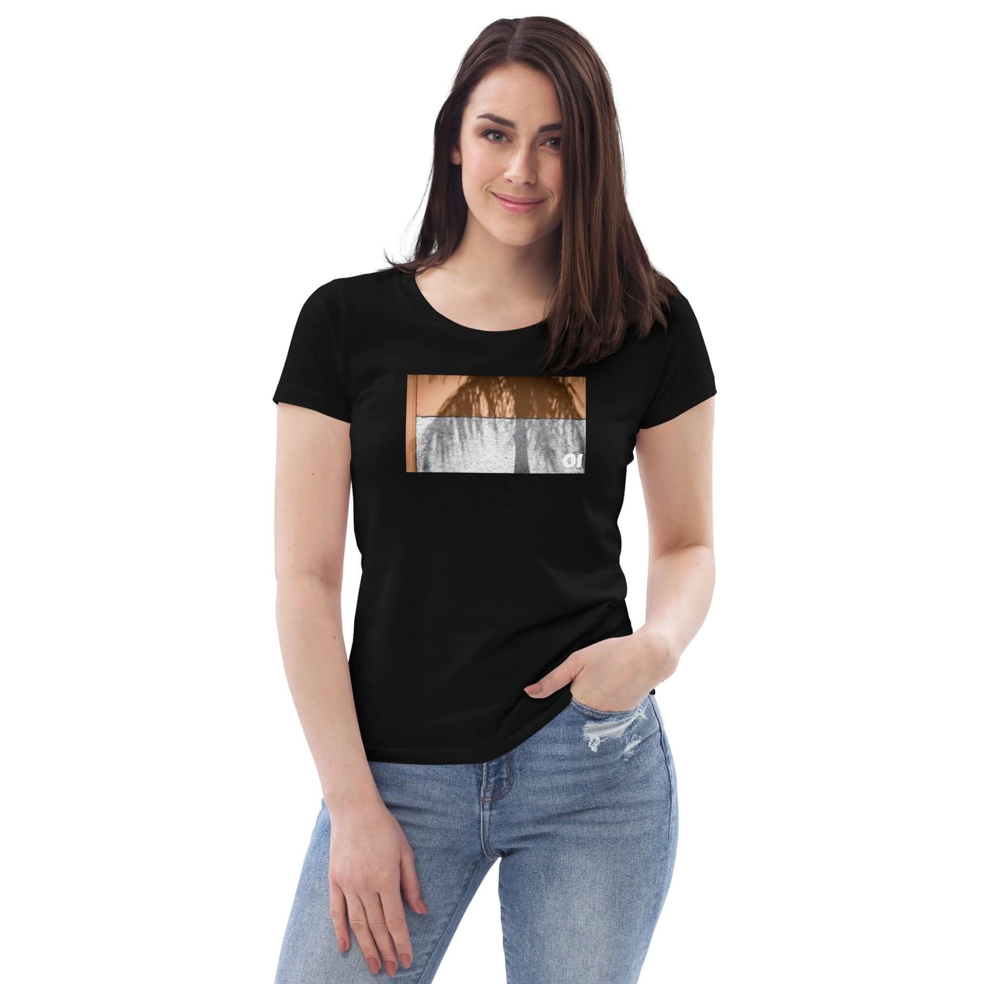 other ideas eco streetwear women's fitted black colour palm tree shadow photo print crewneck organic cotton t-shirt sustainable slow fashion modelled from the front