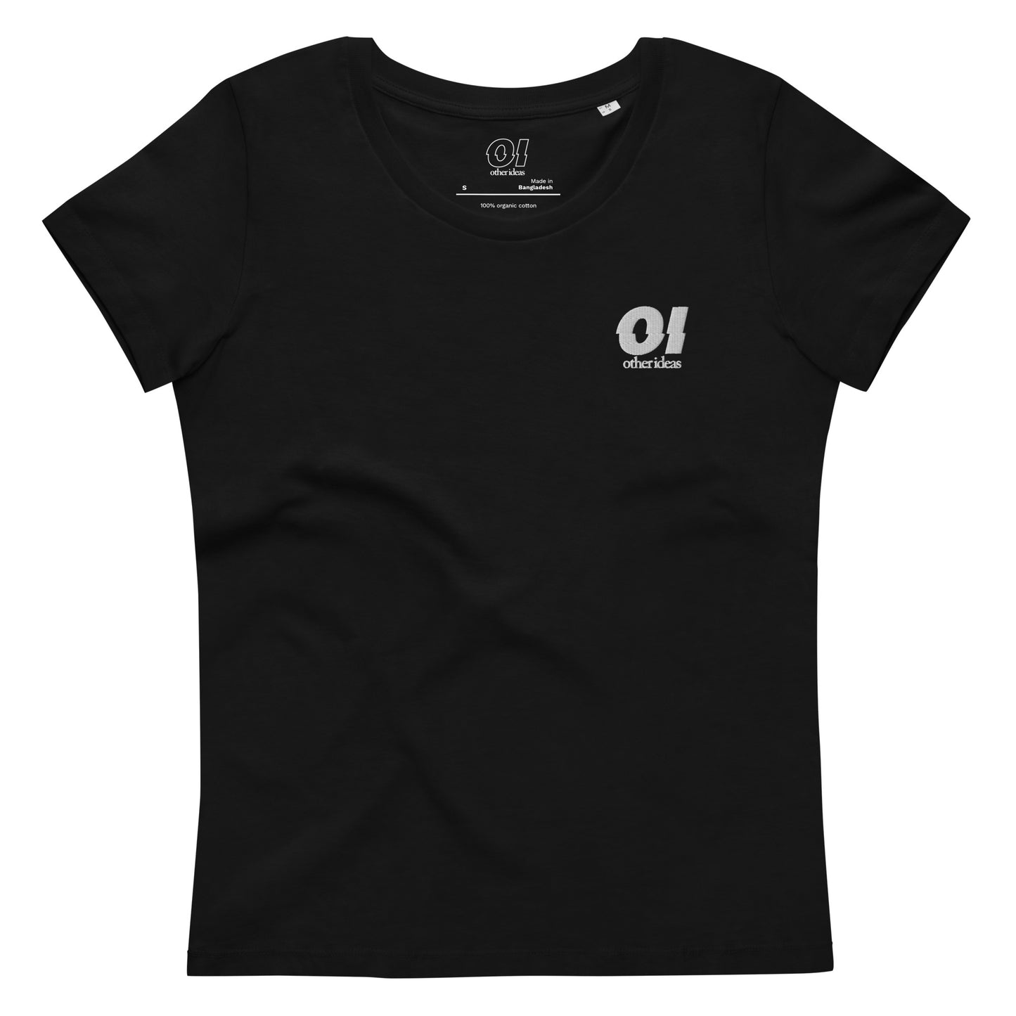 other ideas eco streetwear women's fitted black logo embroidered crewneck organic cotton t-shirt sustainable slow fashion