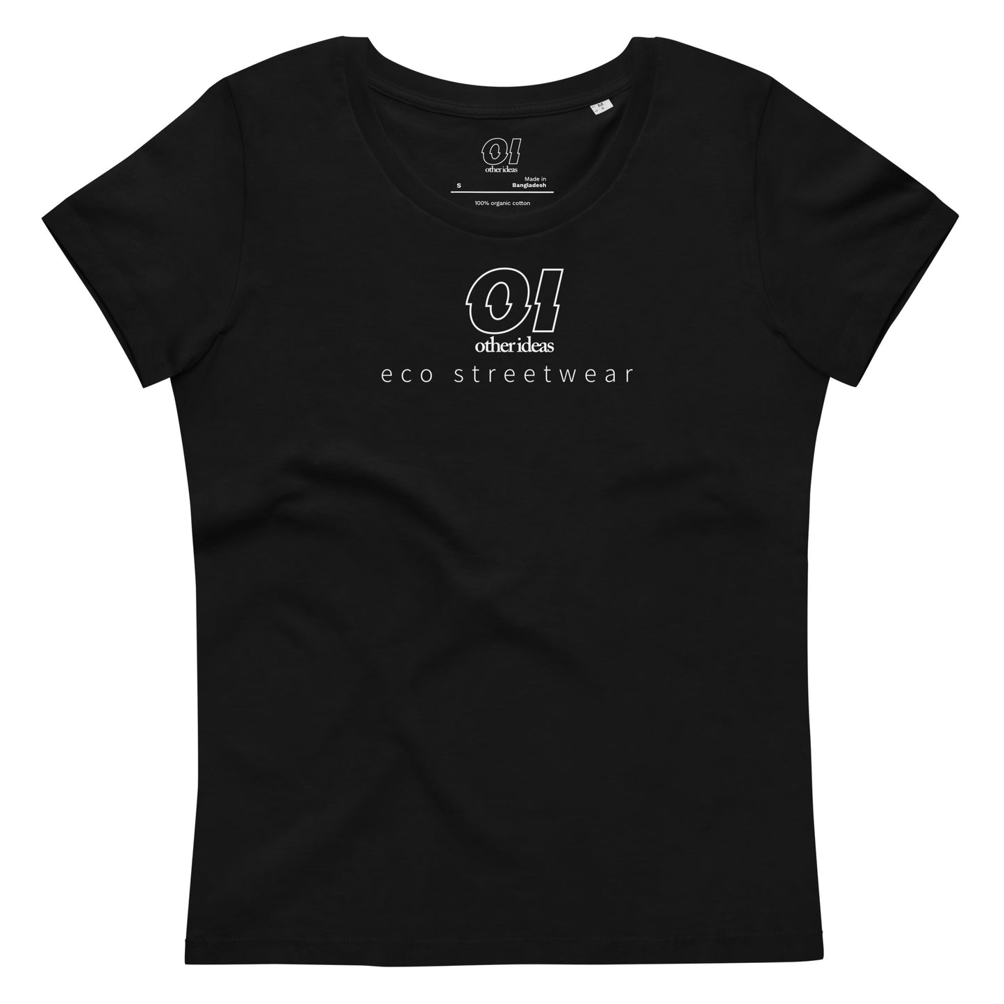 other ideas eco streetwear women's fitted black logo printed crewneck organic cotton t-shirt sustainable slow fashion