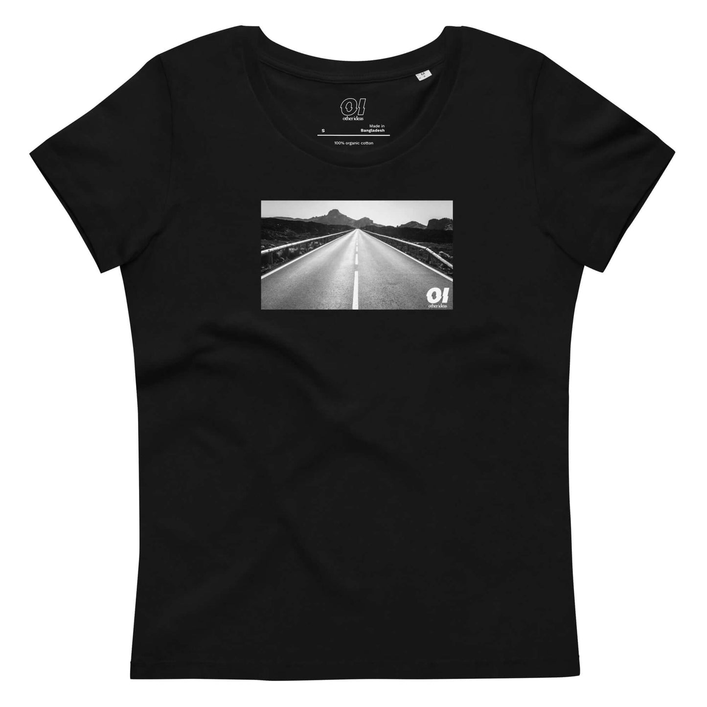 other ideas eco streetwear women's fitted black open road photo print crewneck organic cotton t-shirt sustainable slow fashion