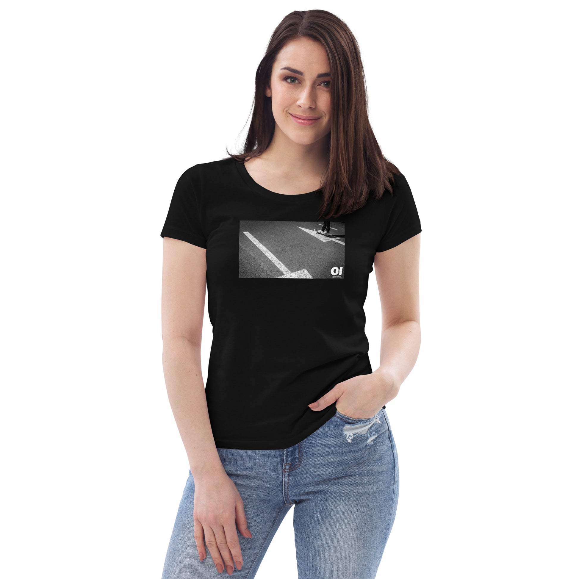 other ideas eco streetwear women's fitted black skateboarding "arrows" photo print crewneck organic cotton t-shirt sustainable slow fashion modelled from the front