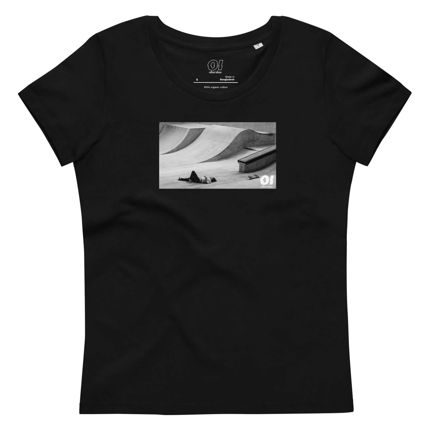 other ideas eco streetwear women's fitted black skateboarding "fall" photo print crewneck organic cotton t-shirt sustainable slow fashion