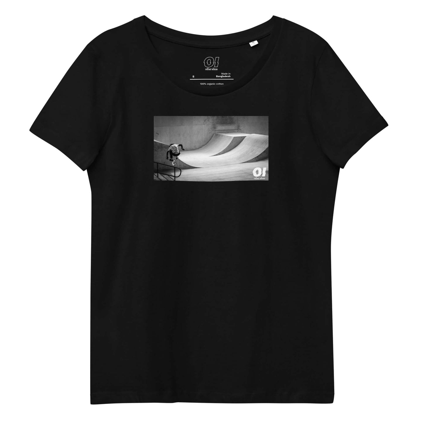 other ideas eco streetwear women's fitted black skateboarding "Jump" photo print crewneck organic cotton t-shirt sustainable slow fashion