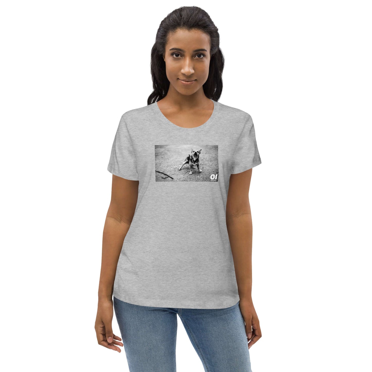 other ideas eco streetwear women's fitted heather grey dog photo print crewneck organic cotton t-shirt sustainable slow fashion modelled from the front