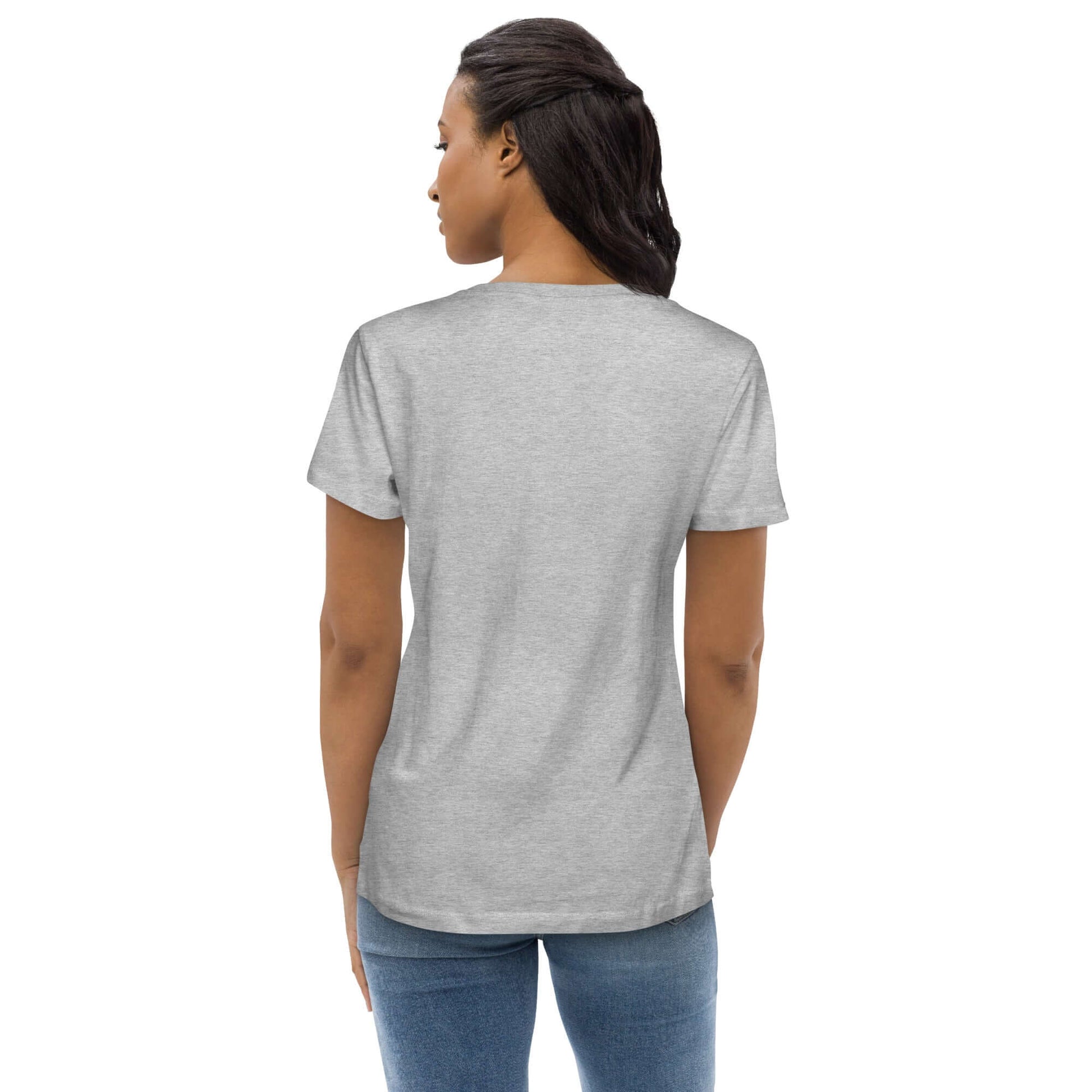 other ideas eco streetwear women's fitted heather grey graffiti cactus photo print crewneck organic cotton t-shirt sustainable slow fashion modelled from the back