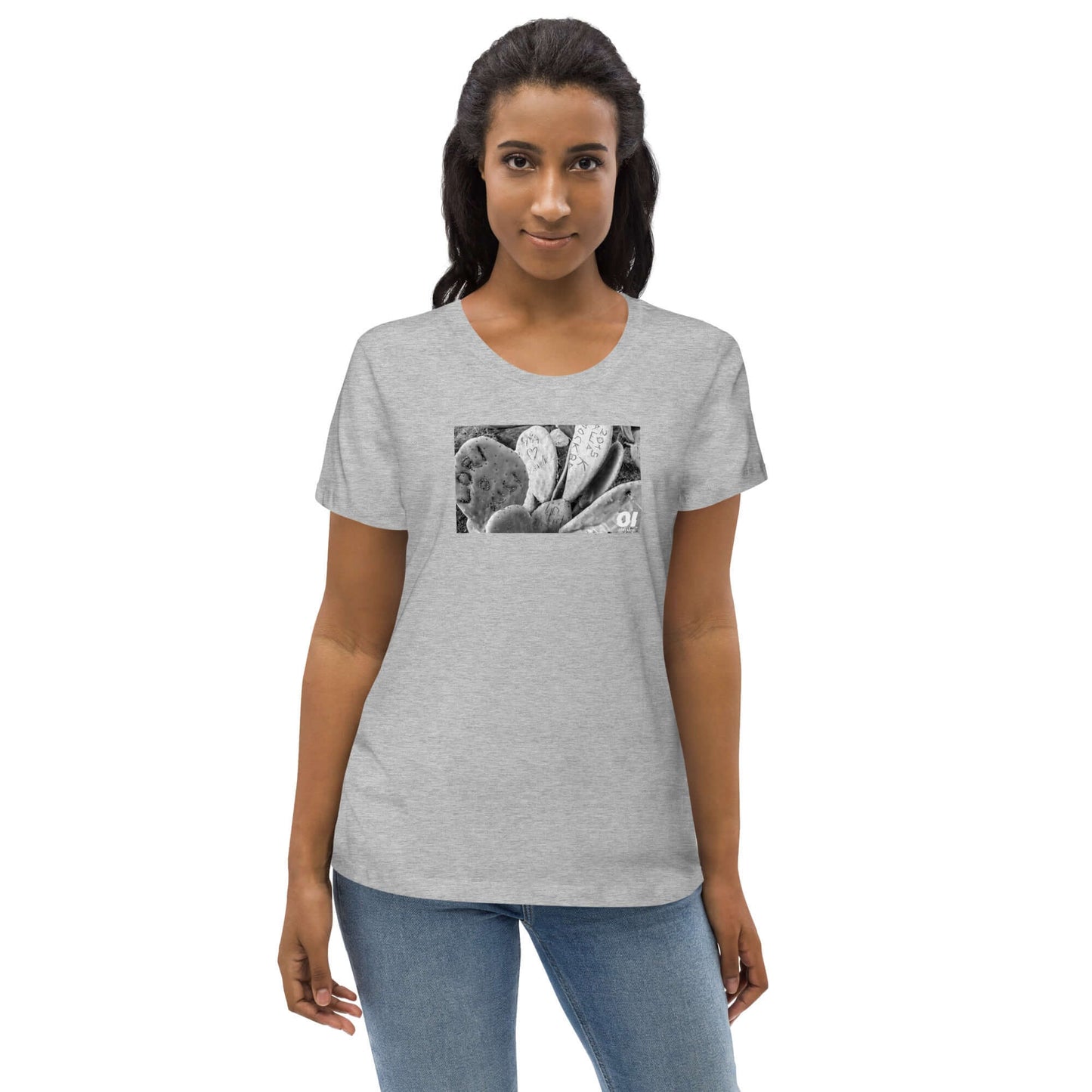 other ideas eco streetwear women's fitted heather grey graffiti cactus photo print crewneck organic cotton t-shirt sustainable slow fashion modelled from the front