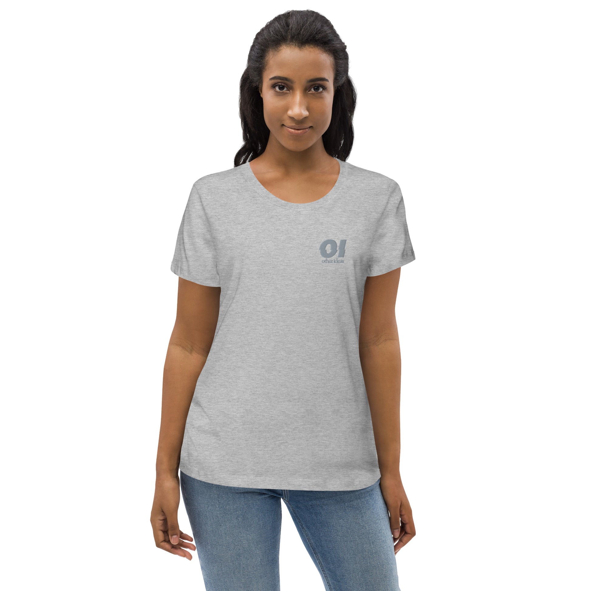 other ideas eco streetwear women's fitted heather grey logo embroidered crewneck organic cotton t-shirt sustainable slow fashion modelled from the front