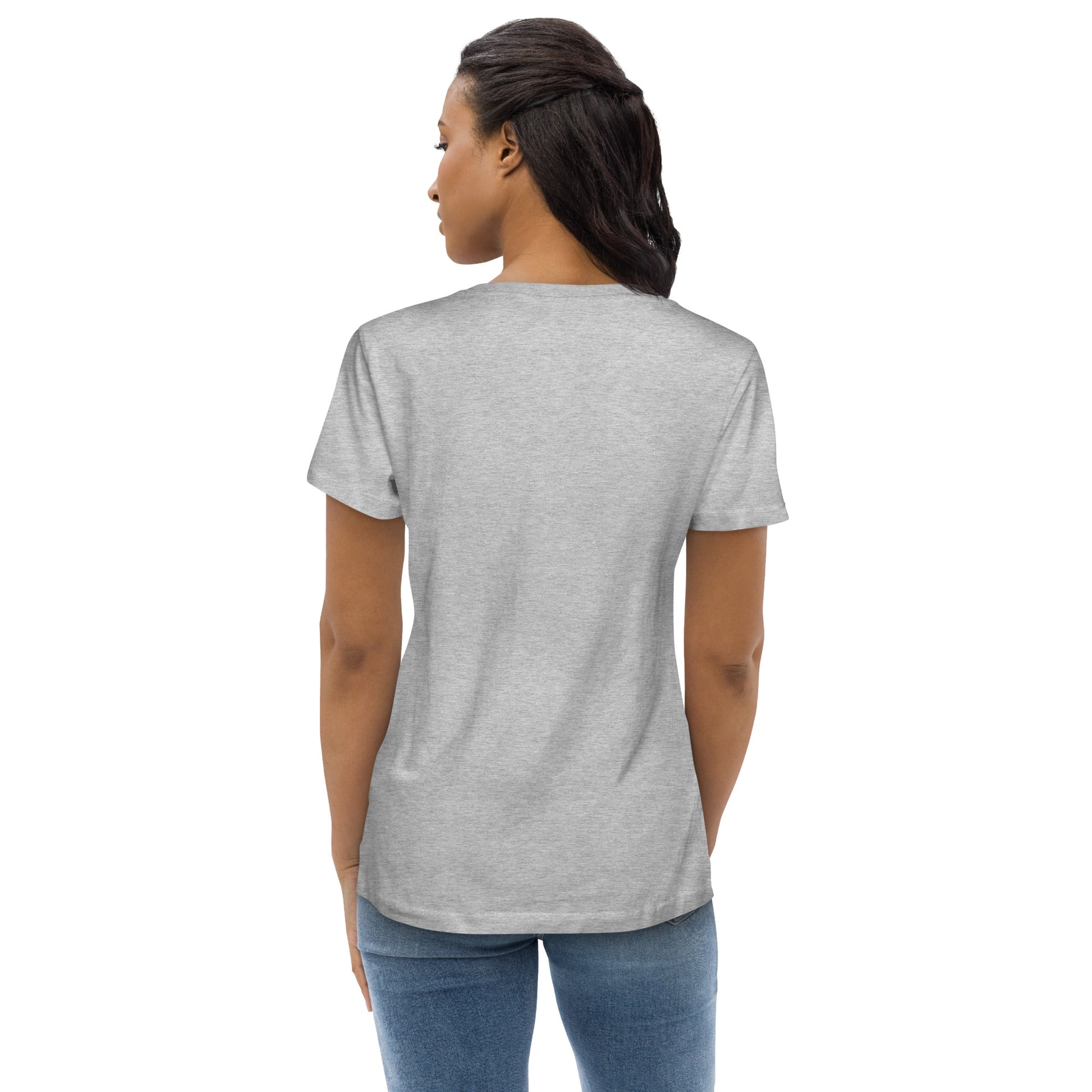 other ideas eco streetwear women's fitted heather grey logo printed crewneck organic cotton t-shirt sustainable slow fashion modelled from the back