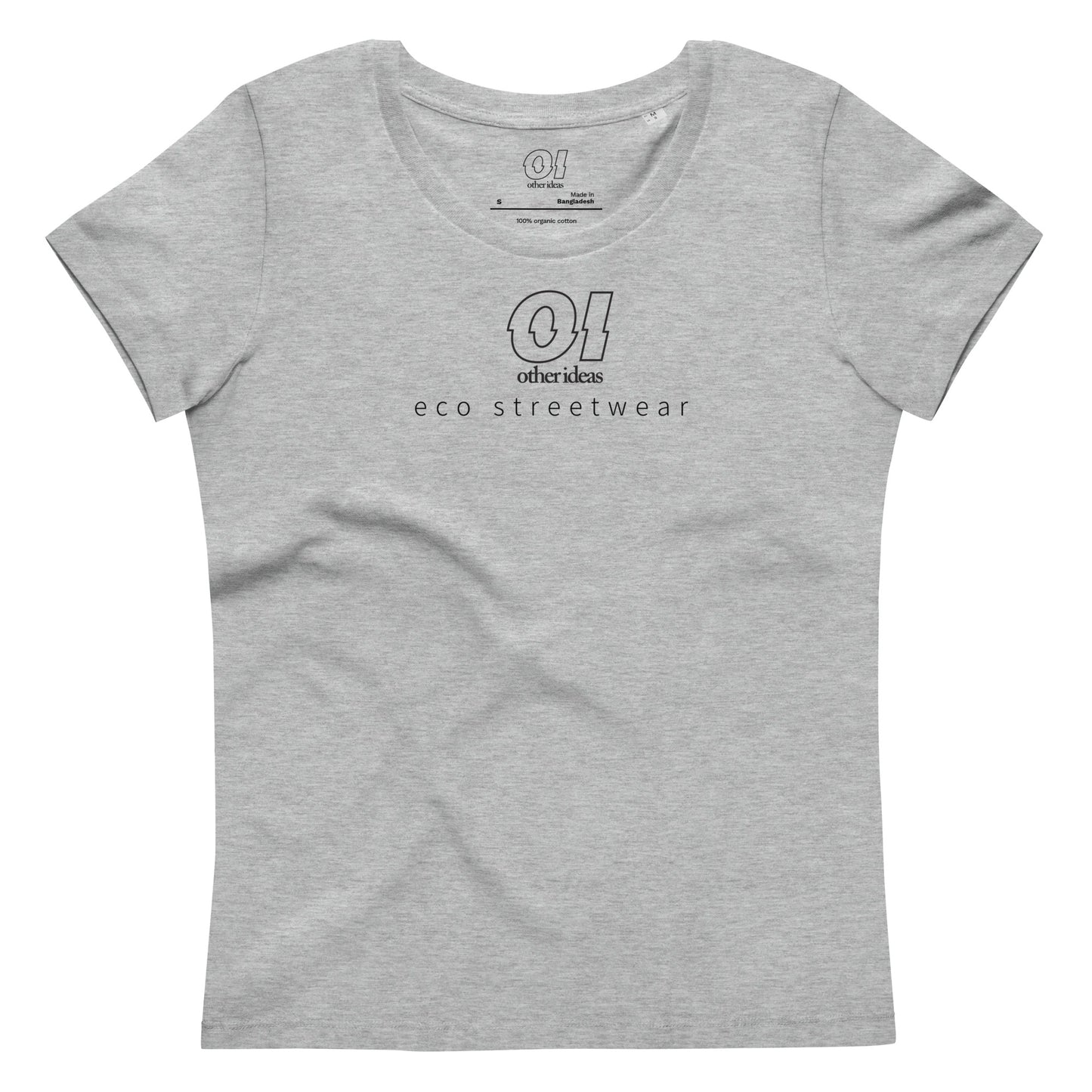 other ideas eco streetwear women's fitted heather grey logo printed crewneck organic cotton t-shirt sustainable slow fashion