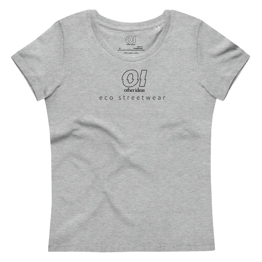 other ideas eco streetwear women's fitted heather grey logo printed crewneck organic cotton t-shirt sustainable slow fashion