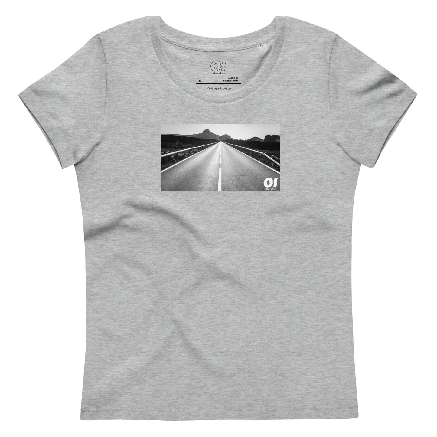 other ideas eco streetwear women's fitted heather grey open road photo print crewneck organic cotton t-shirt sustainable slow fashion