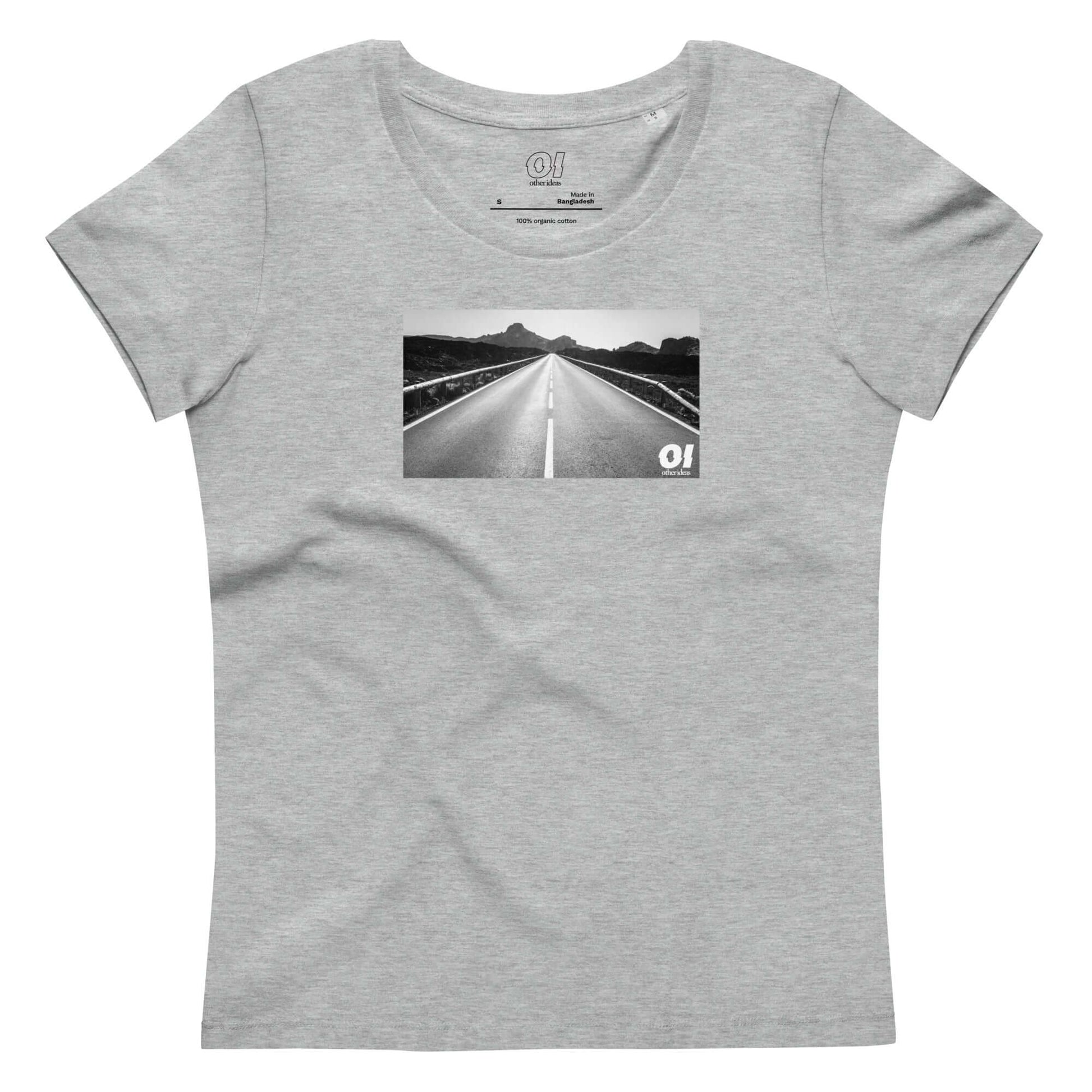 other ideas eco streetwear women's fitted heather grey open road photo print crewneck organic cotton t-shirt sustainable slow fashion