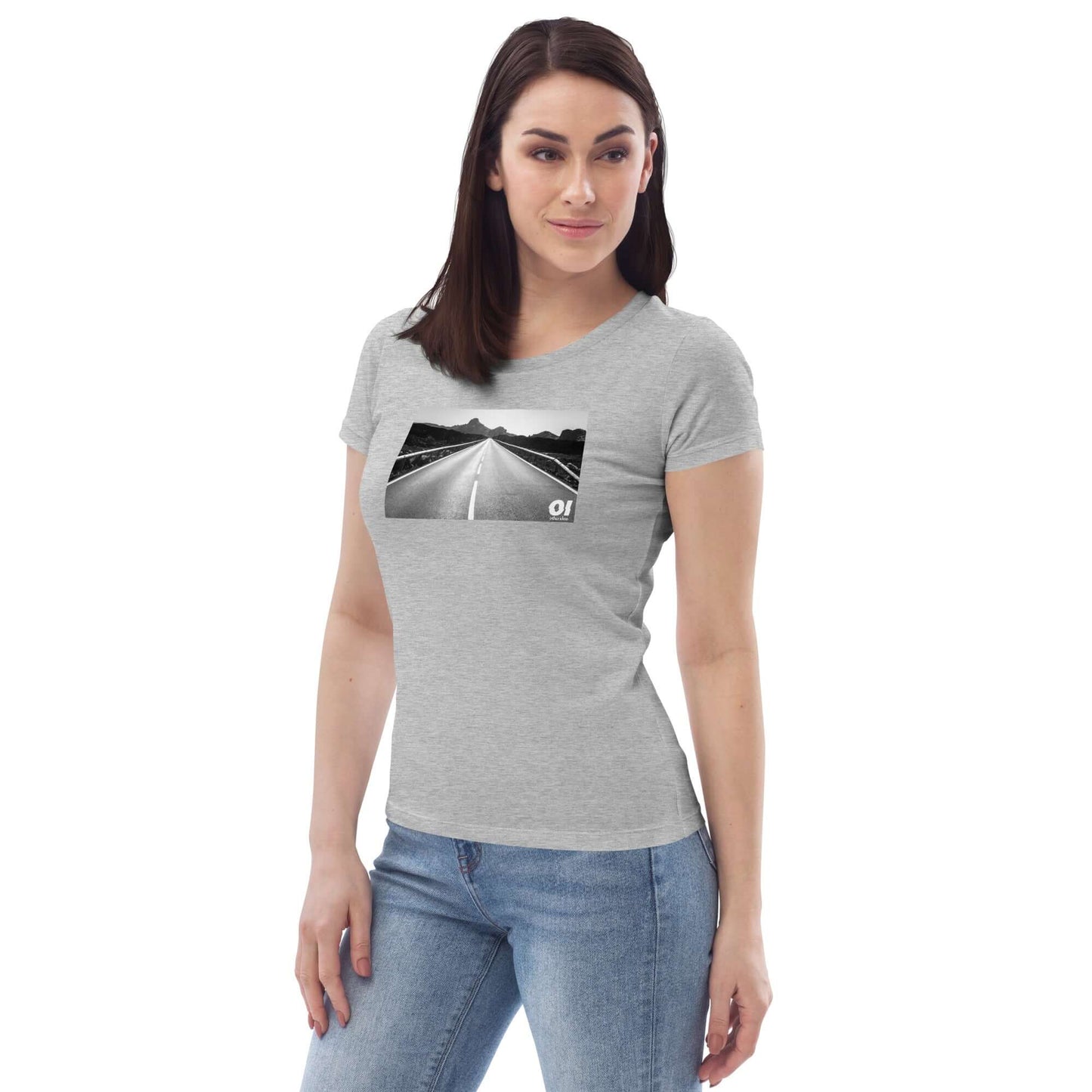 other ideas eco streetwear women's fitted heather grey open road photo print crewneck organic cotton t-shirt sustainable slow fashion modelled from the front