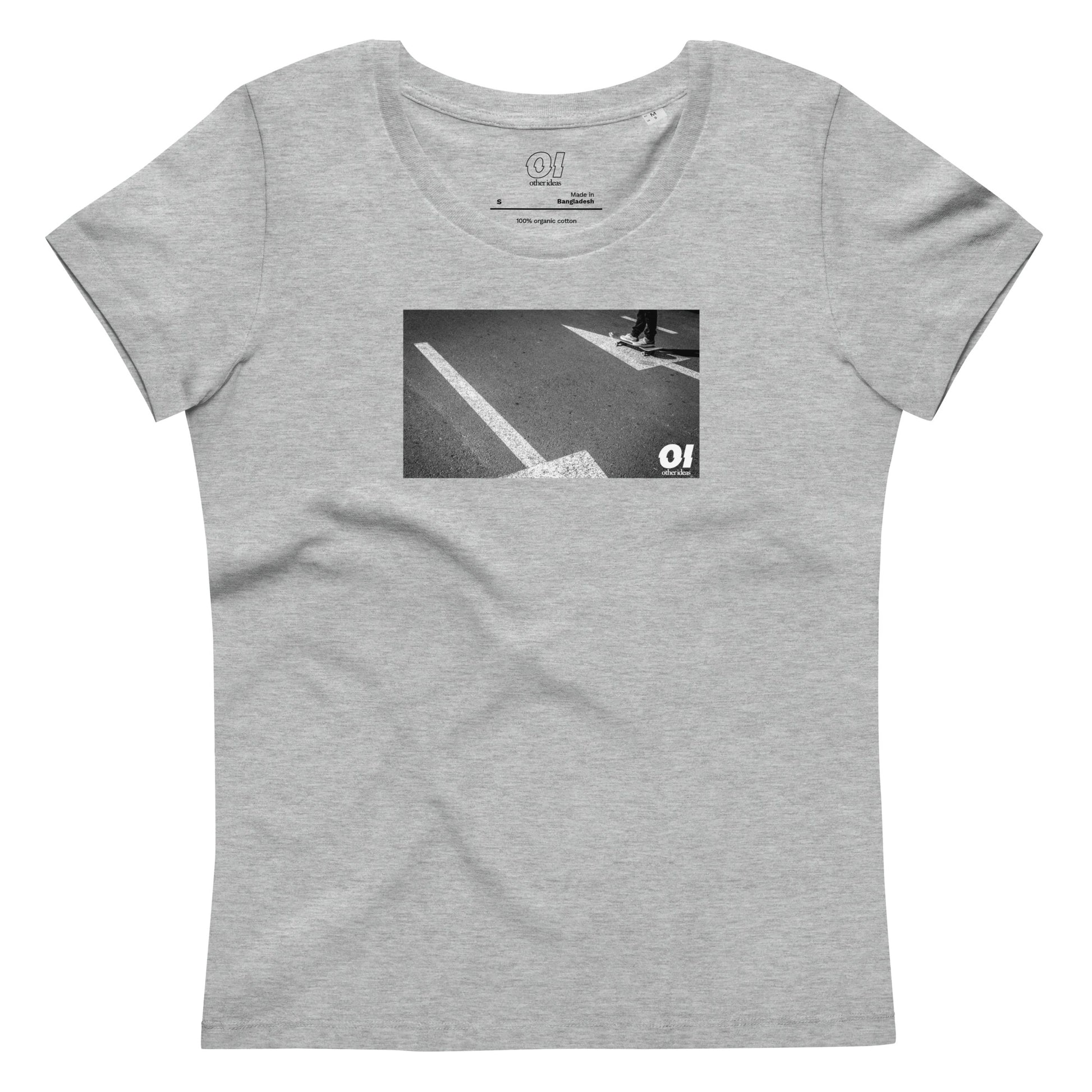 other ideas eco streetwear women's fitted heather grey skateboarding "arrows" photo print crewneck organic cotton t-shirt sustainable slow fashion