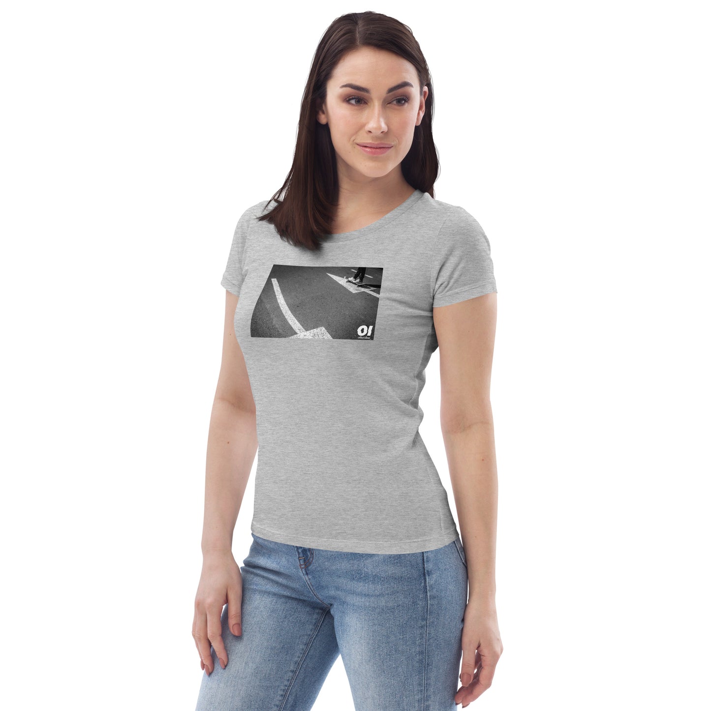 other ideas eco streetwear women's fitted heather grey skateboarding "arrows" photo print crewneck organic cotton t-shirt sustainable slow fashion modelled from the front