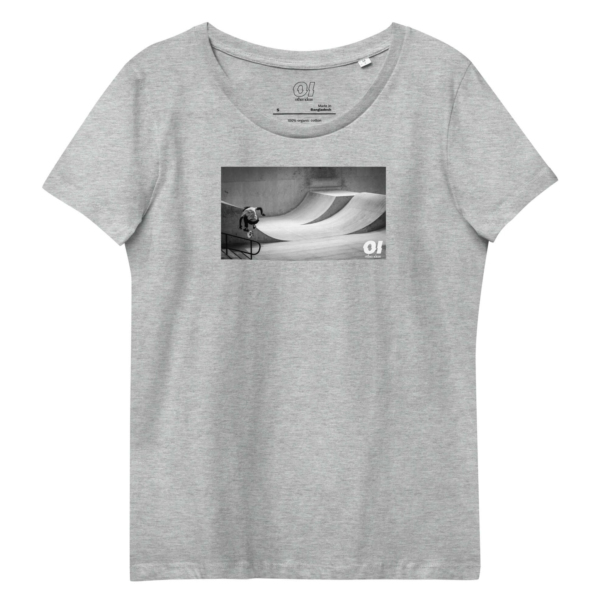 other ideas eco streetwear women's fitted heather grey skateboarding "Jump" photo print crewneck organic cotton t-shirt sustainable slow fashion