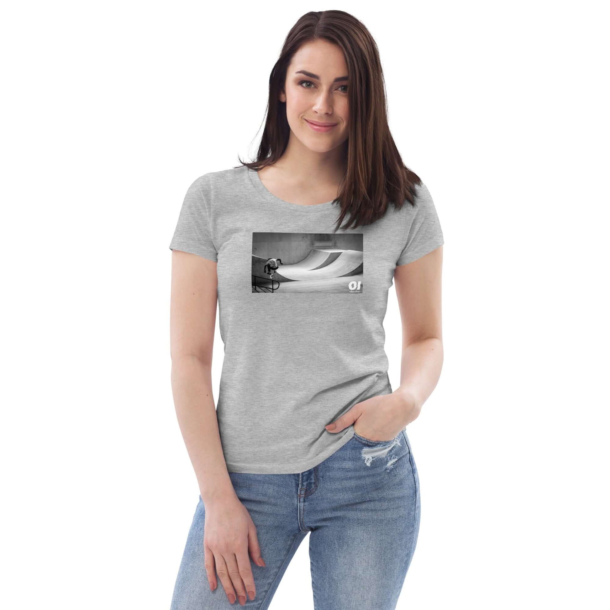 other ideas eco streetwear women's fitted heather grey skateboarding "Jump" photo print crewneck organic cotton t-shirt sustainable slow fashion modelled from the front