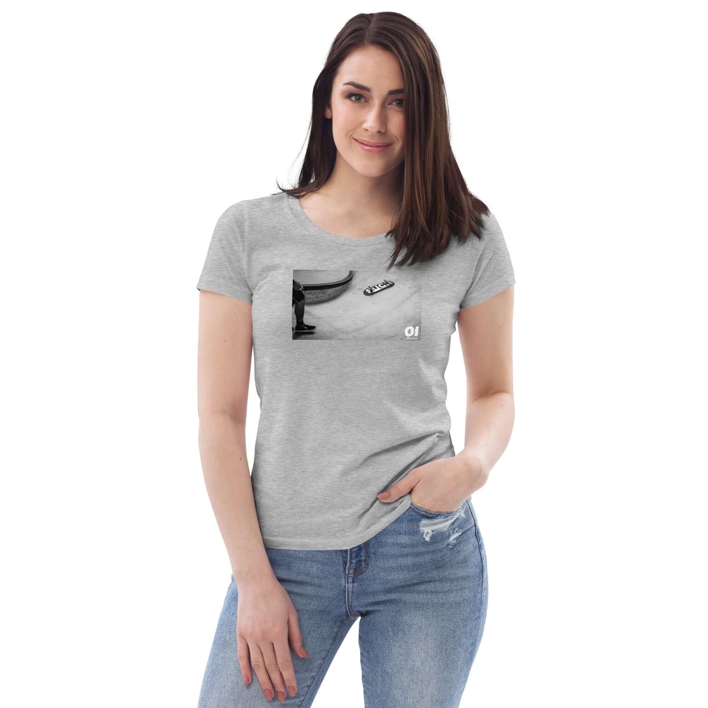 other ideas eco streetwear women's fitted heather grey skateboarding "F*ck" photo print crewneck organic cotton t-shirt sustainable slow fashion modelled from the front