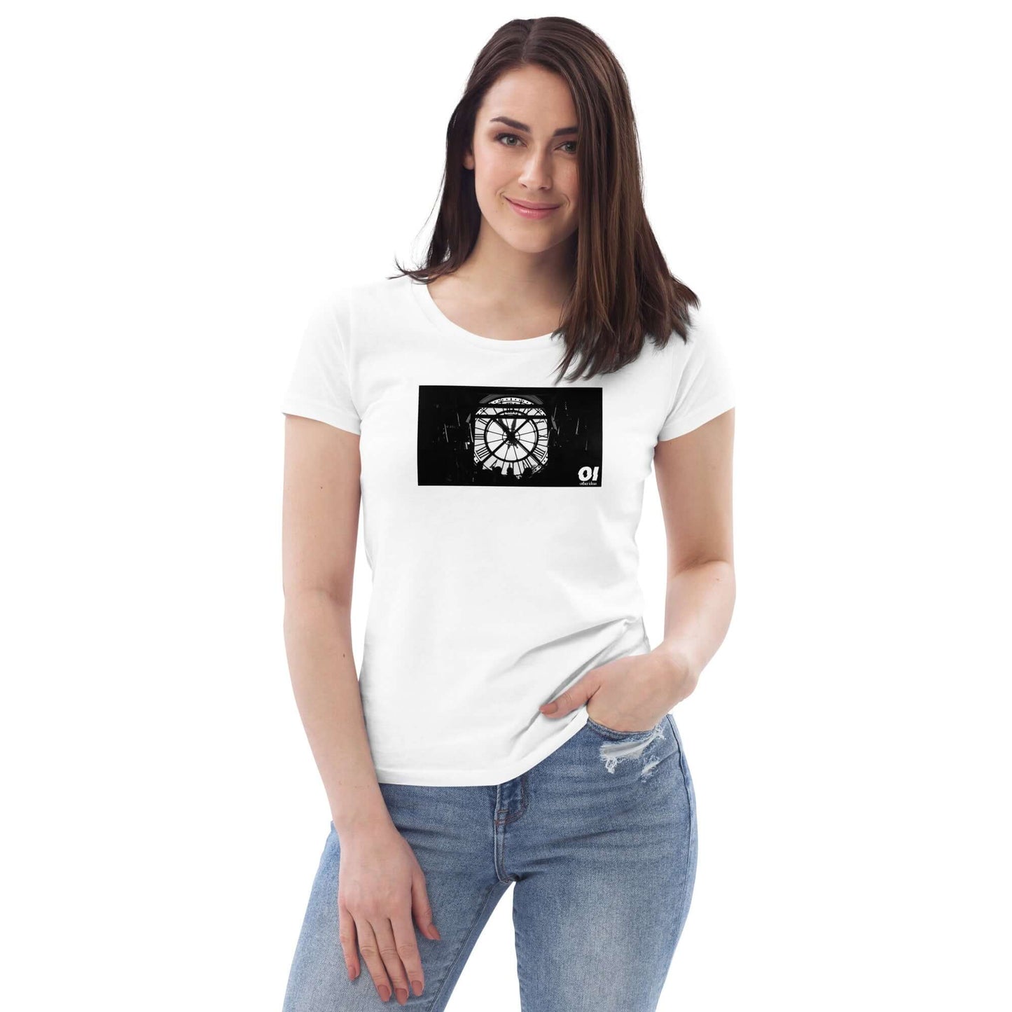 other ideas eco streetwear women's fitted white clock face Musee d'Orsay photo print crewneck organic cotton t-shirt sustainable slow fashion modelled from the front