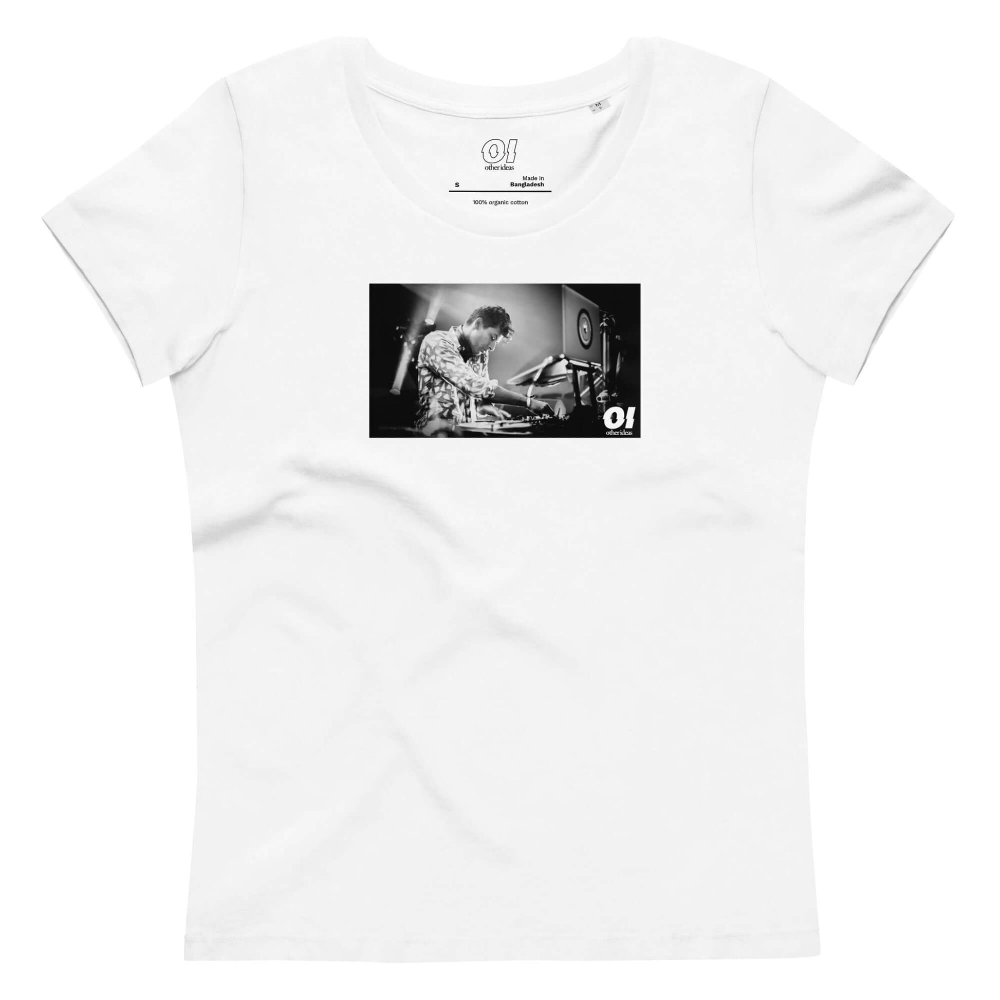 other ideas eco streetwear women's fitted white Dj Mark Ronson photo print crewneck organic cotton t-shirt sustainable slow fashion