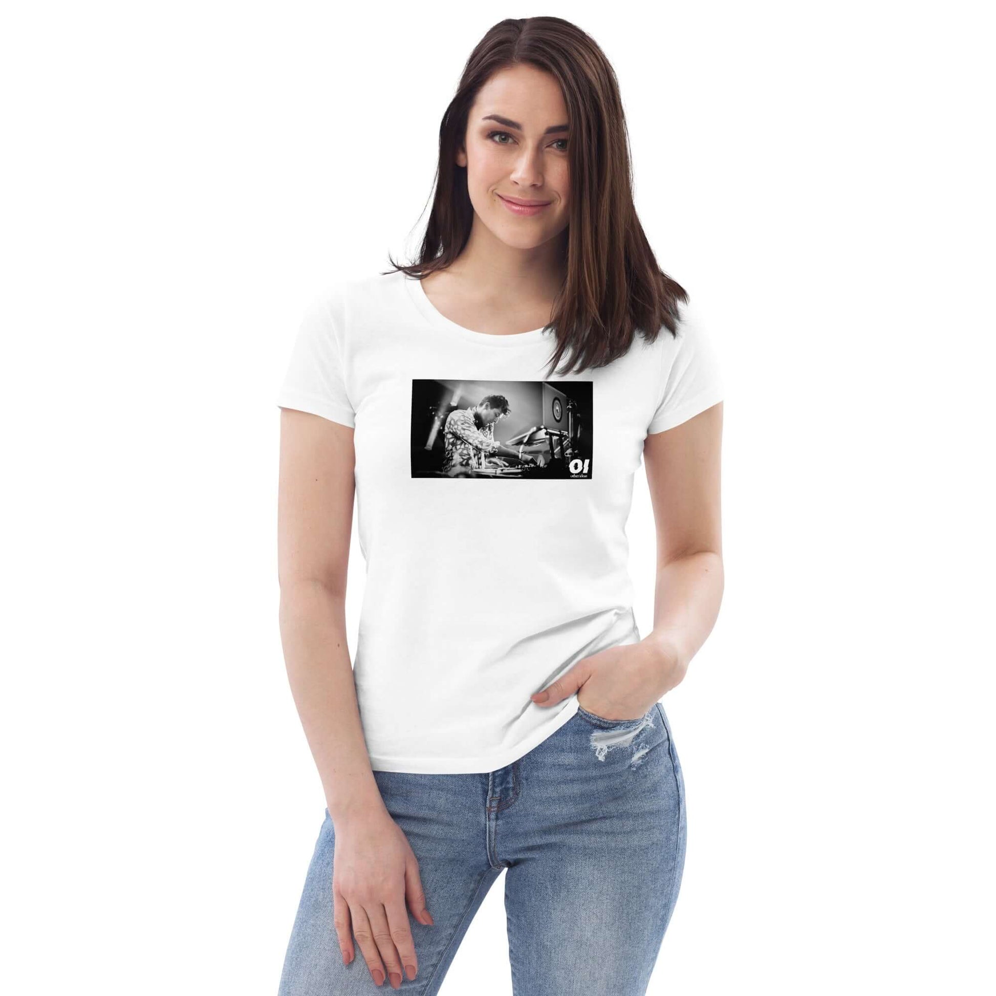 other ideas eco streetwear women's fitted white dj mark ronson photo print crewneck organic cotton t-shirt sustainable slow fashion modelled from the front