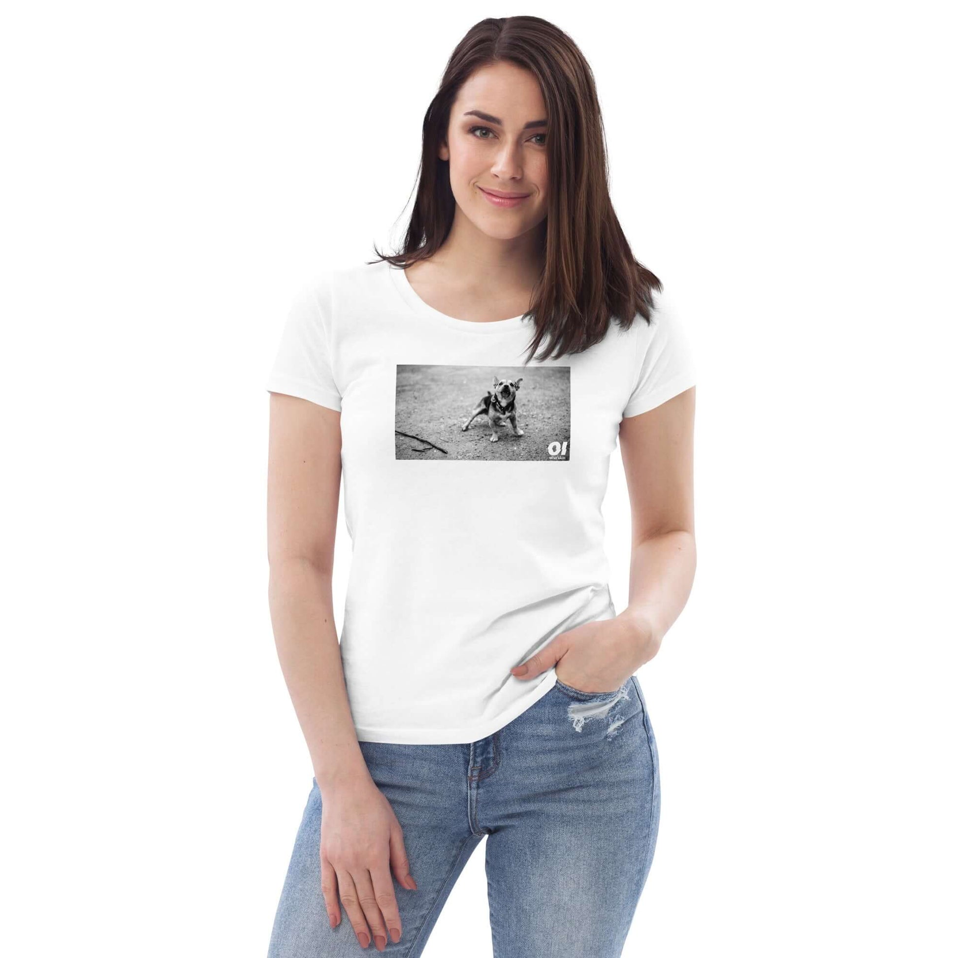 other ideas eco streetwear women's fitted white dog photo print crewneck organic cotton t-shirt sustainable slow fashion modelled from the front