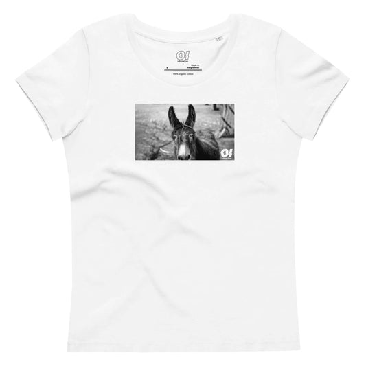 other ideas eco streetwear women's fitted white happy donkey photo print crewneck organic cotton t-shirt sustainable slow fashion flat front