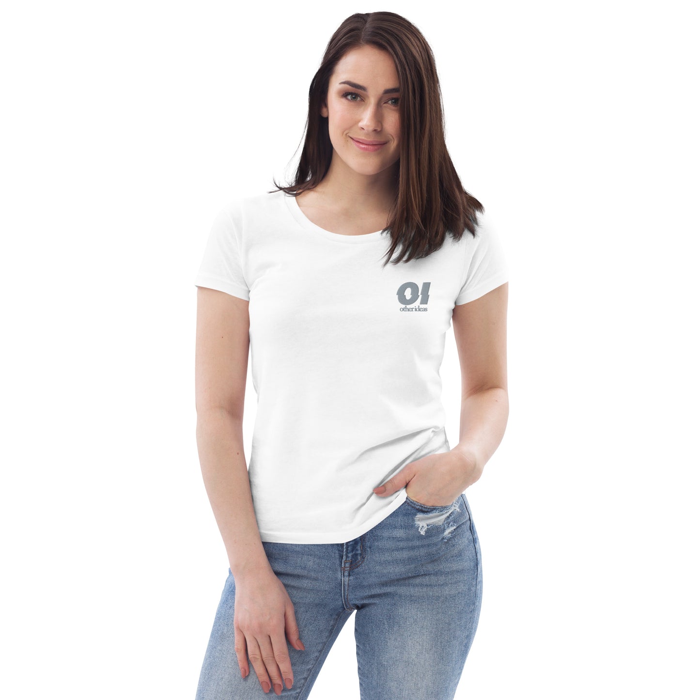 other ideas eco streetwear women's fitted white logo embroidered crewneck organic cotton t-shirt sustainable slow fashion modelled from the front