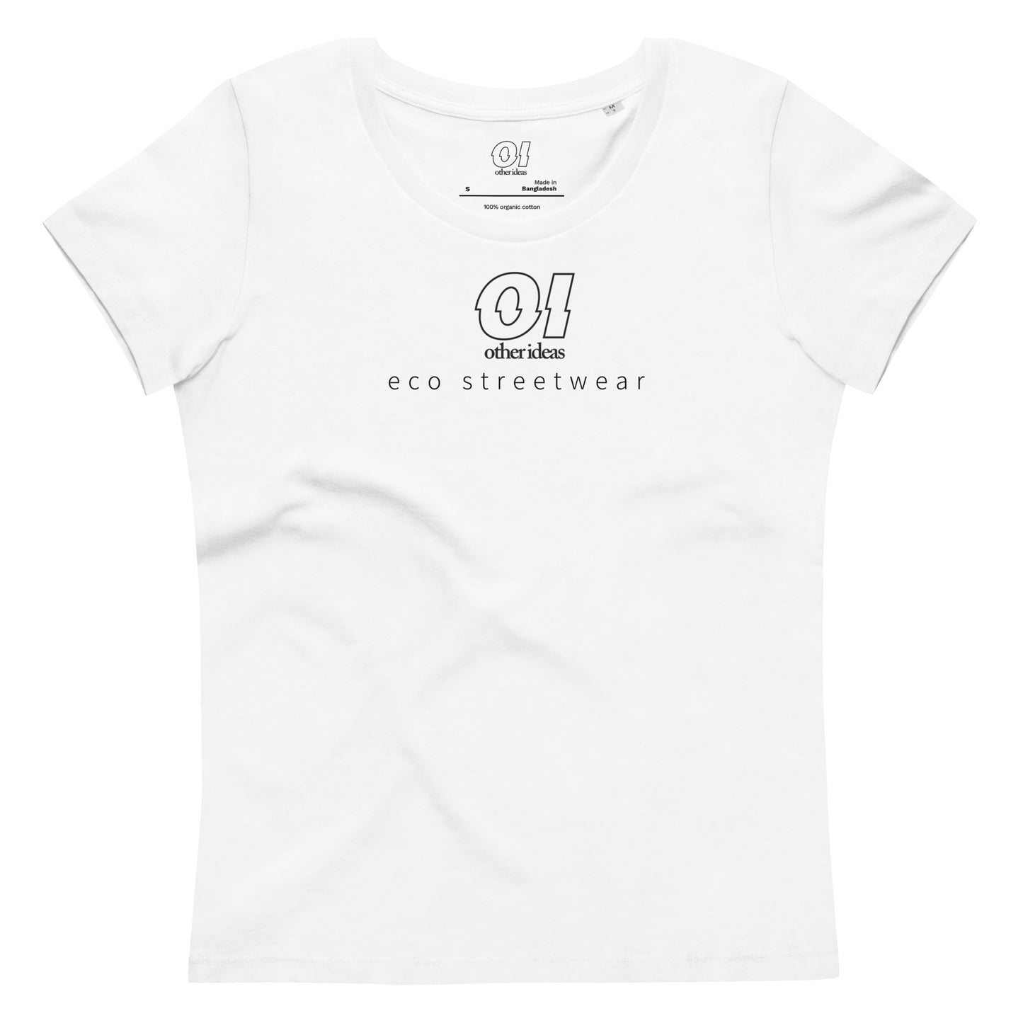 other ideas eco streetwear women's fitted white logo printed crewneck organic cotton t-shirt sustainable slow fashion