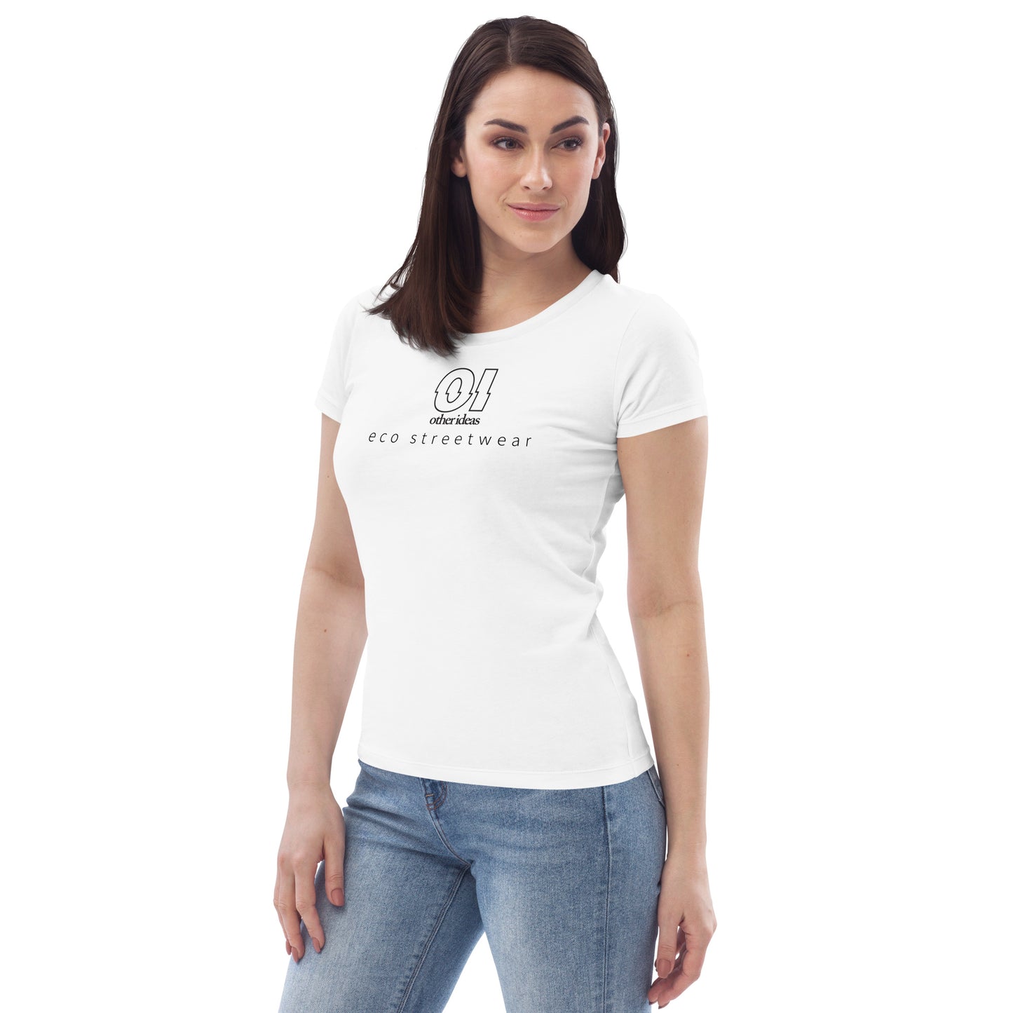 other ideas eco streetwear women's fitted white logo printed crewneck organic cotton t-shirt sustainable slow fashion modelled from the front