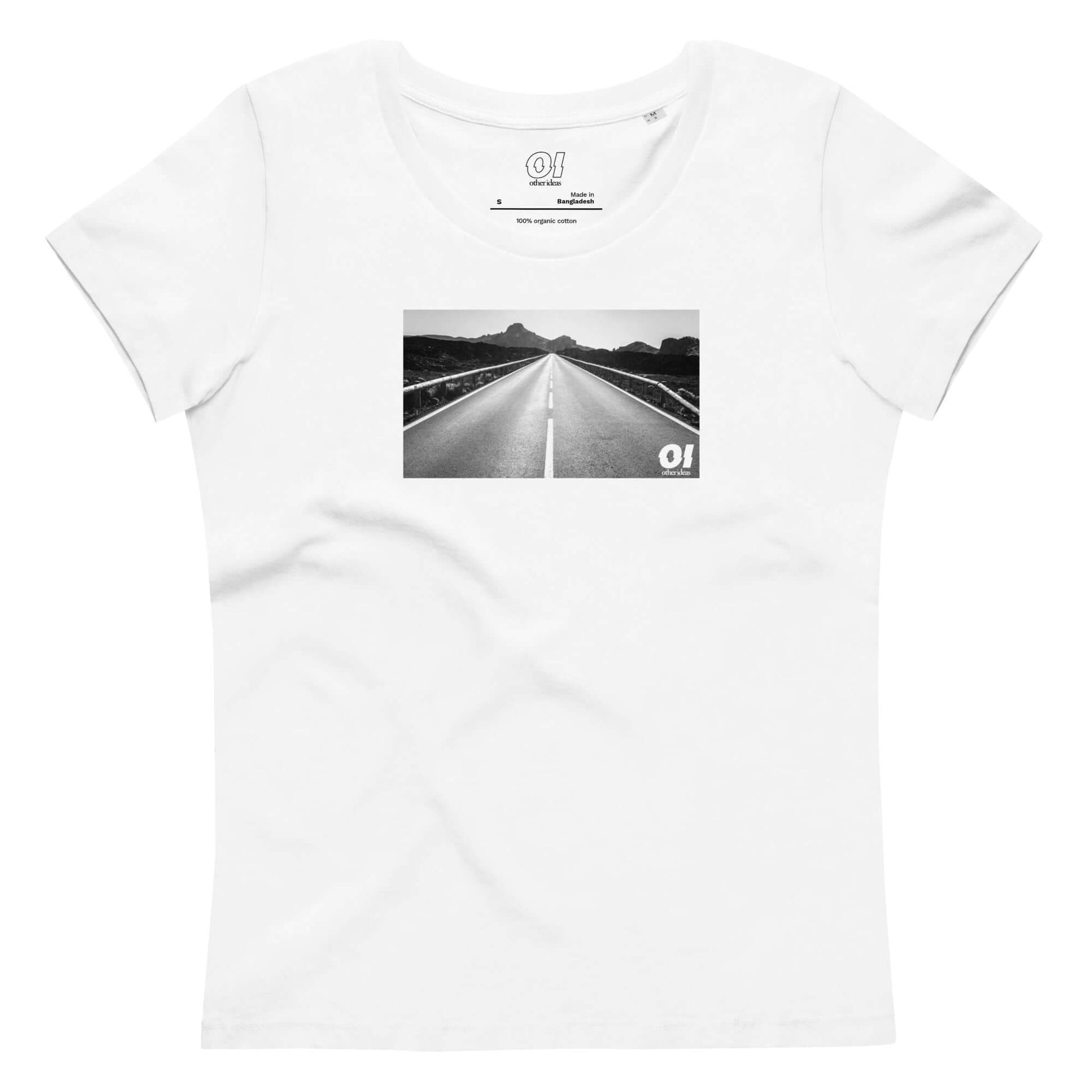 other ideas eco streetwear women's fitted white open road photo print crewneck organic cotton t-shirt sustainable slow fashion