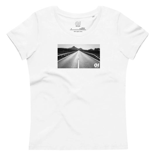 other ideas eco streetwear women's fitted white open road photo print crewneck organic cotton t-shirt sustainable slow fashion