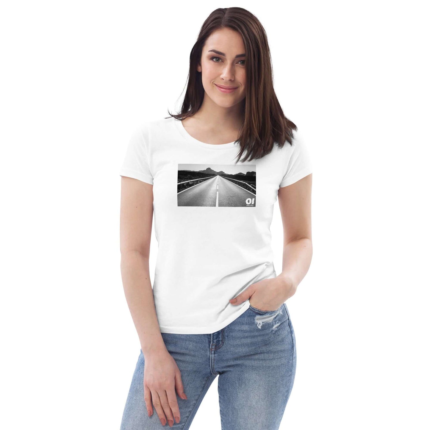 other ideas eco streetwear women's fitted white open road photo print crewneck organic cotton t-shirt sustainable slow fashion modelled from the front