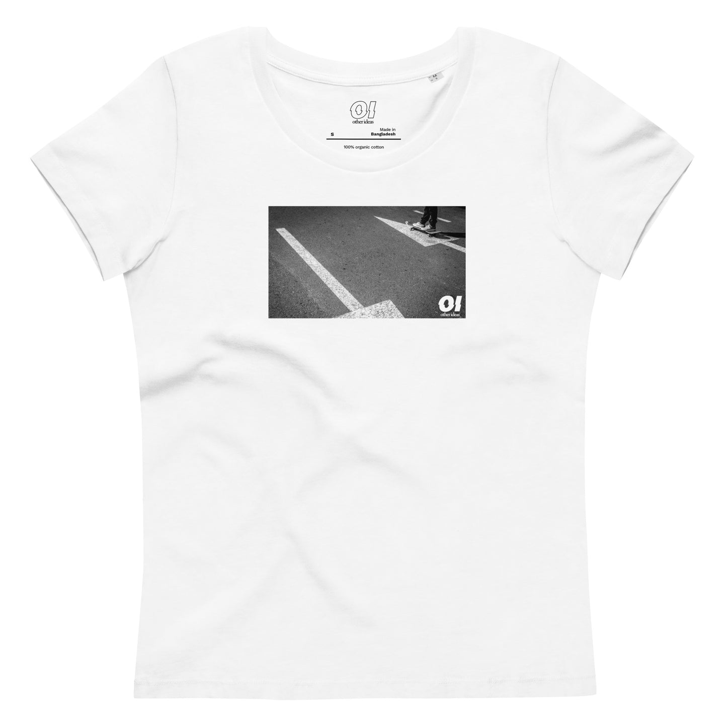 other ideas eco streetwear women's fitted white skateboarding "arrows" photo print crewneck organic cotton t-shirt sustainable slow fashion