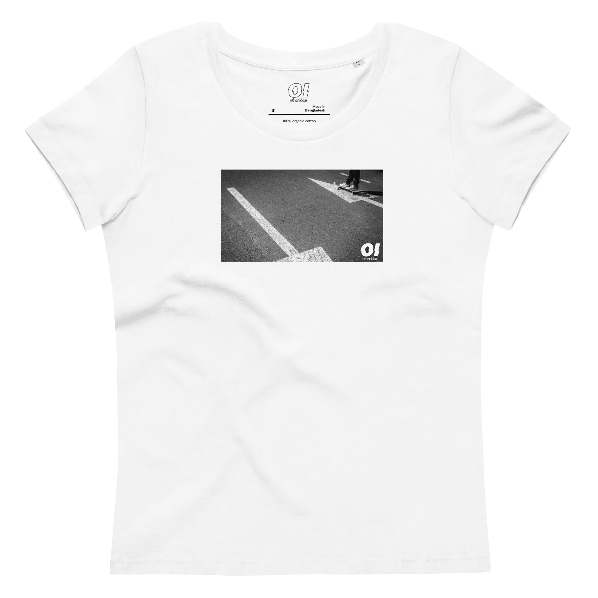 other ideas eco streetwear women's fitted white skateboarding "arrows" photo print crewneck organic cotton t-shirt sustainable slow fashion