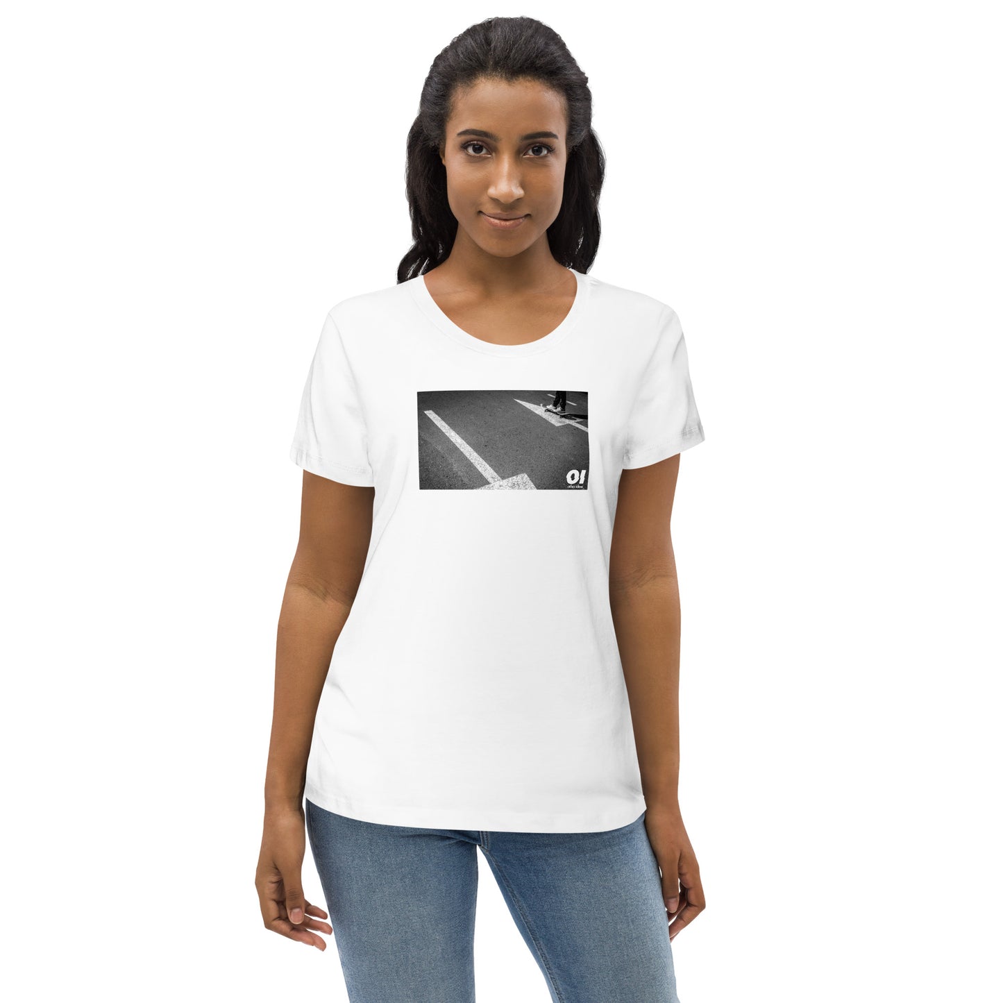 other ideas eco streetwear women's fitted white skateboarding "arrows" photo print crewneck organic cotton t-shirt sustainable slow fashion modelled from the front