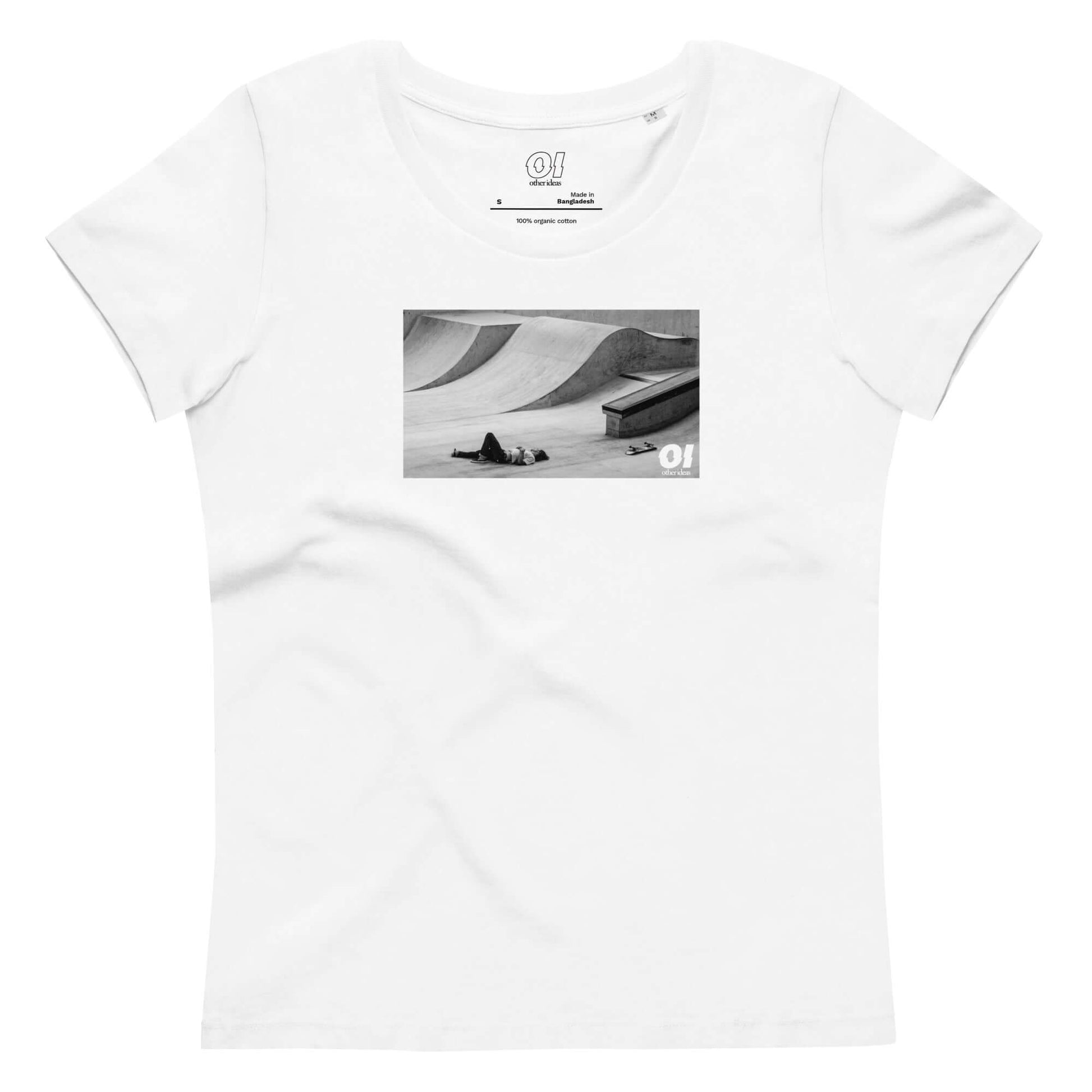 other ideas eco streetwear women's fitted white skateboarding "fall" photo print crewneck organic cotton t-shirt sustainable slow fashion