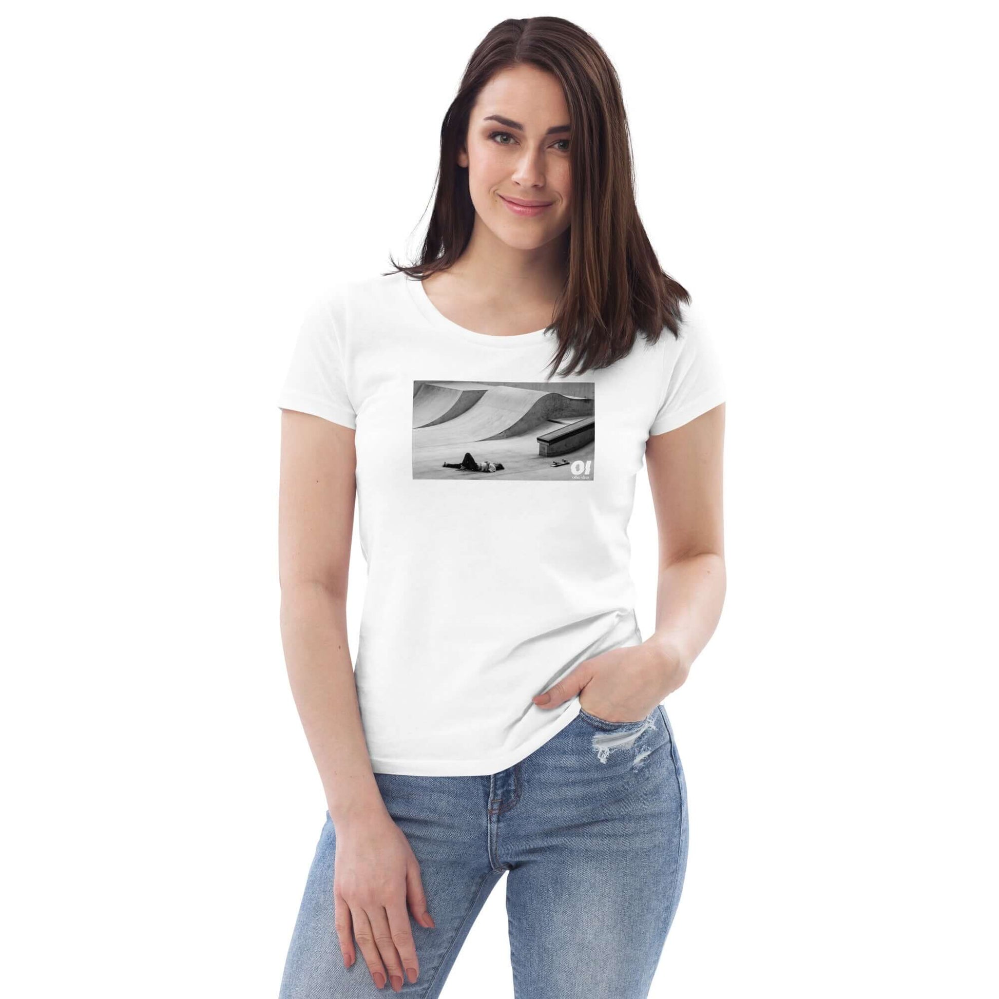 other ideas eco streetwear women's fitted white skateboarding "fall" photo print crewneck organic cotton t-shirt sustainable slow fashion modelled from the front