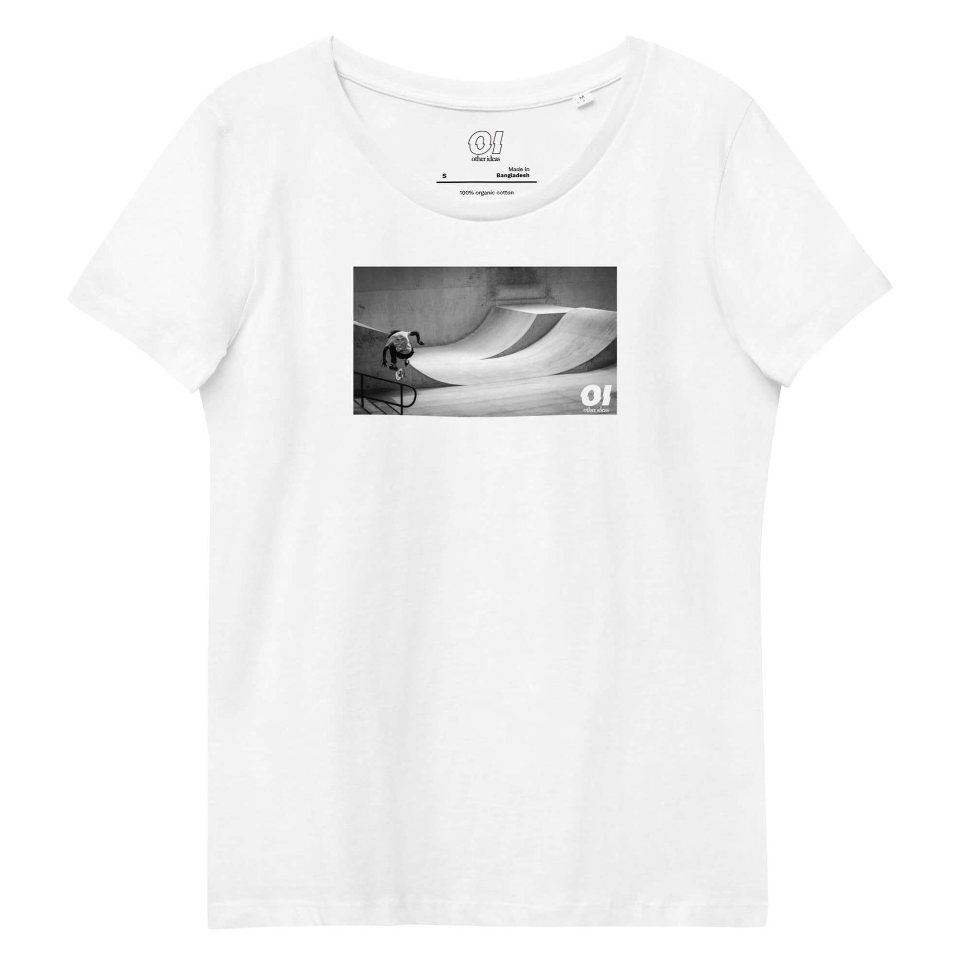 other ideas eco streetwear women's fitted white skateboarding "Jump" photo print crewneck organic cotton t-shirt sustainable slow fashion