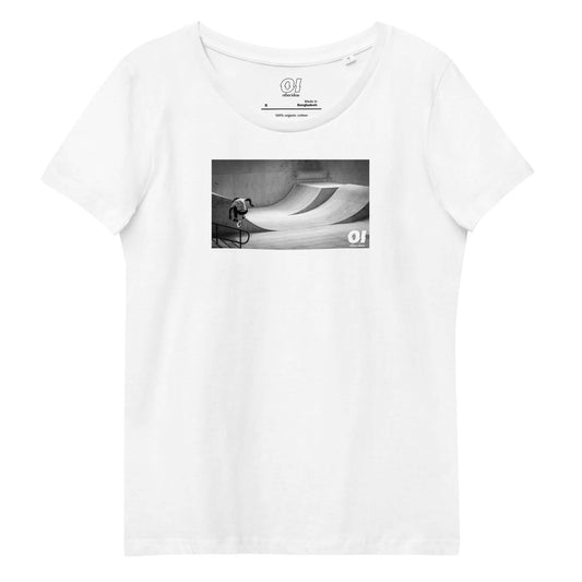 other ideas eco streetwear women's fitted white skateboarding "Jump" photo print crewneck organic cotton t-shirt sustainable slow fashion