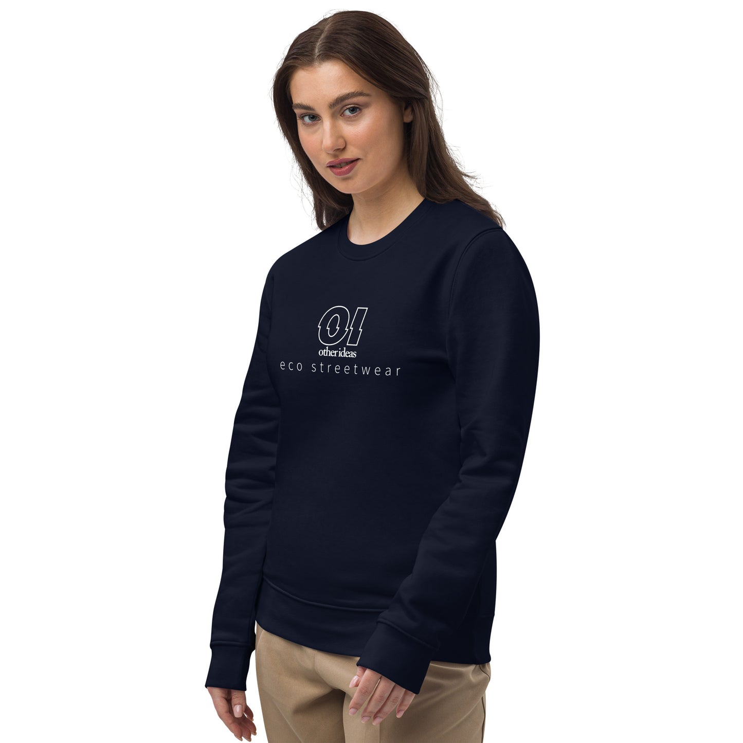 other ideas eco streetwear women's french navy blue sweatshirt logo printed organic cotton blend jersey sustainable modelled front view