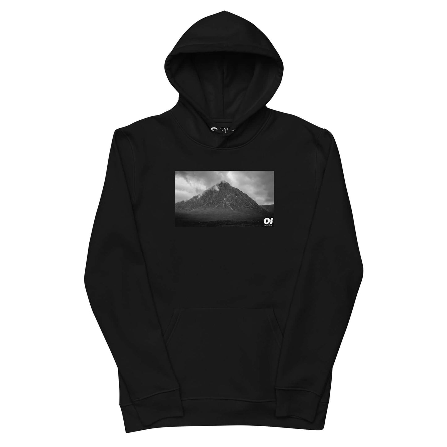 other ideas eco streetwear women's classic black sweatshirt hoodie with atmospheric mountain photo print organic cotton blend jersey sustainable slow fashion flat front view with hood down