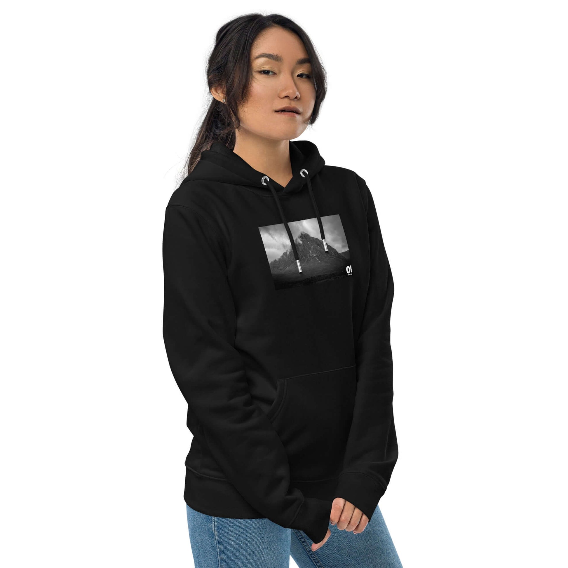 other ideas eco streetwear women's classic black sweatshirt hoodie with atmospheric mountain photo print organic cotton blend jersey sustainable slow fashion modelled front view with hood down