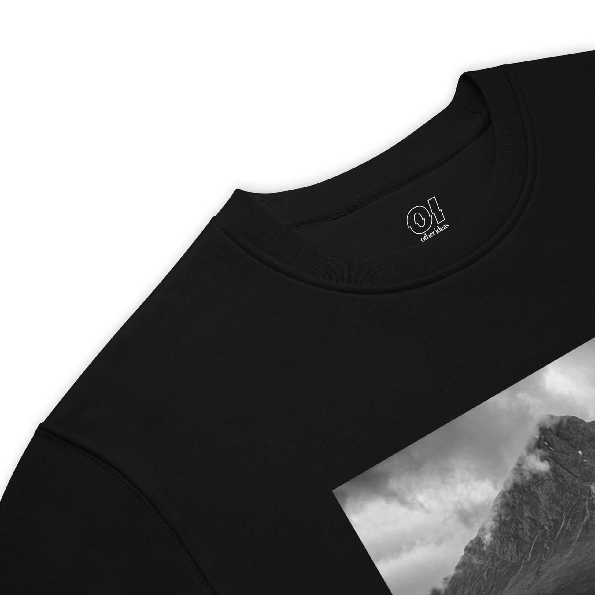 other ideas eco streetwear women's classic black sweatshirt with wild mountain photo print organic cotton blend jersey sustainable slow fashion flat front view showing collar and photo detail