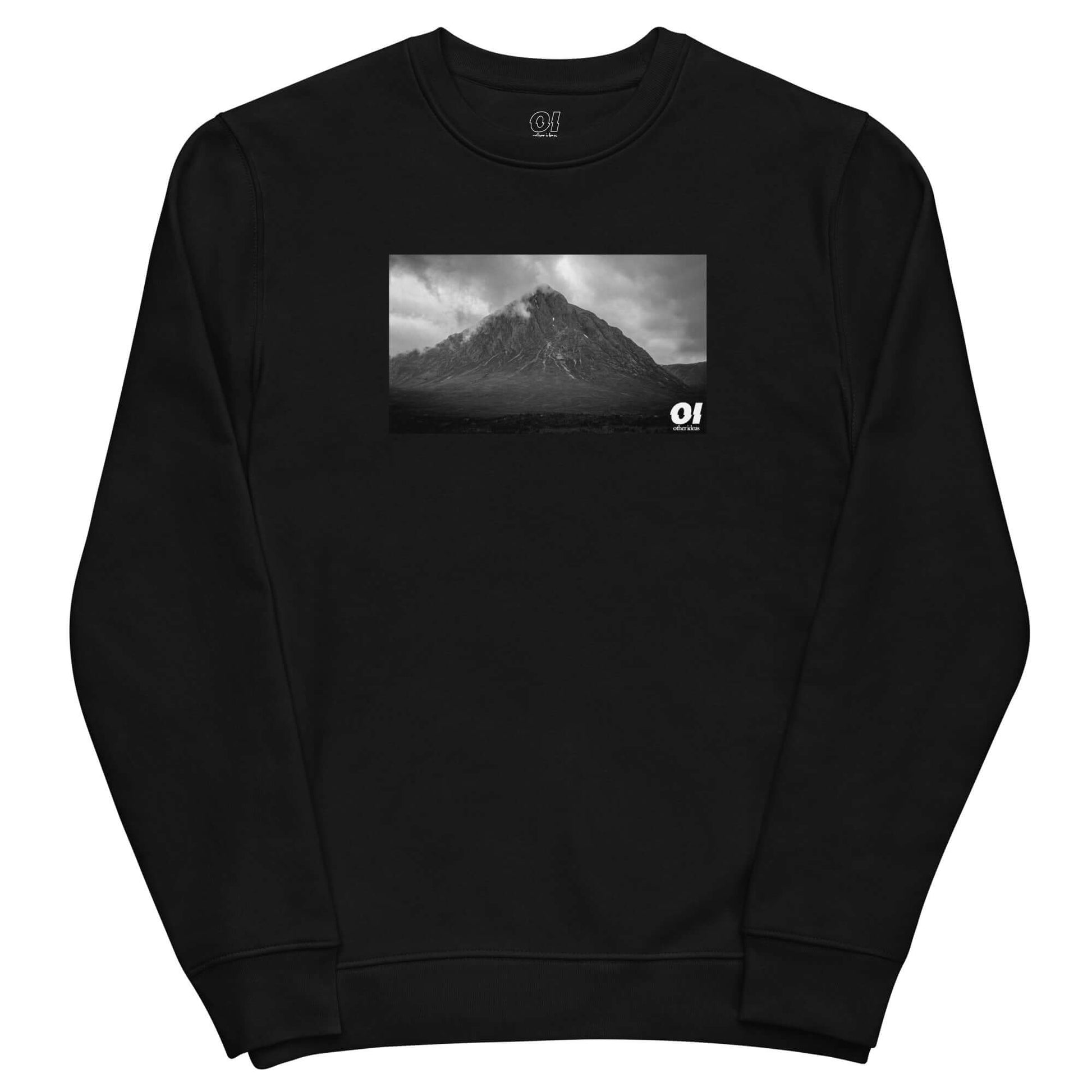 other ideas eco streetwear women's classic black sweatshirt with wild mountain photo print organic cotton blend jersey sustainable slow fashion flat front view