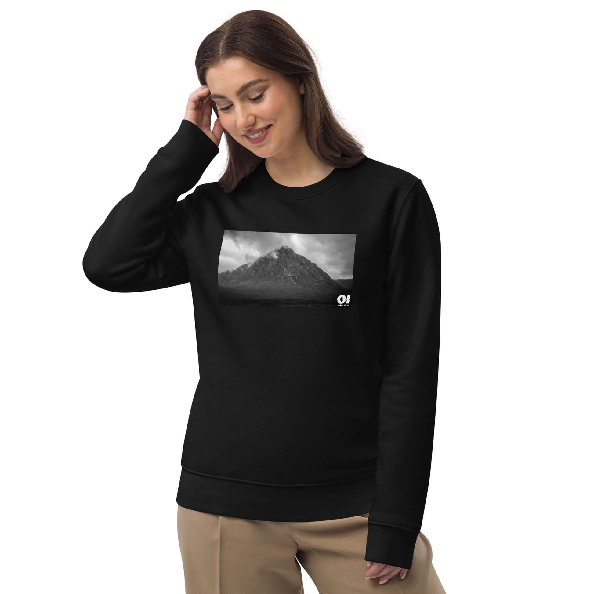 other ideas eco streetwear women's classic black sweatshirt with wild mountain photo print organic cotton blend jersey sustainable slow fashion modelled front view