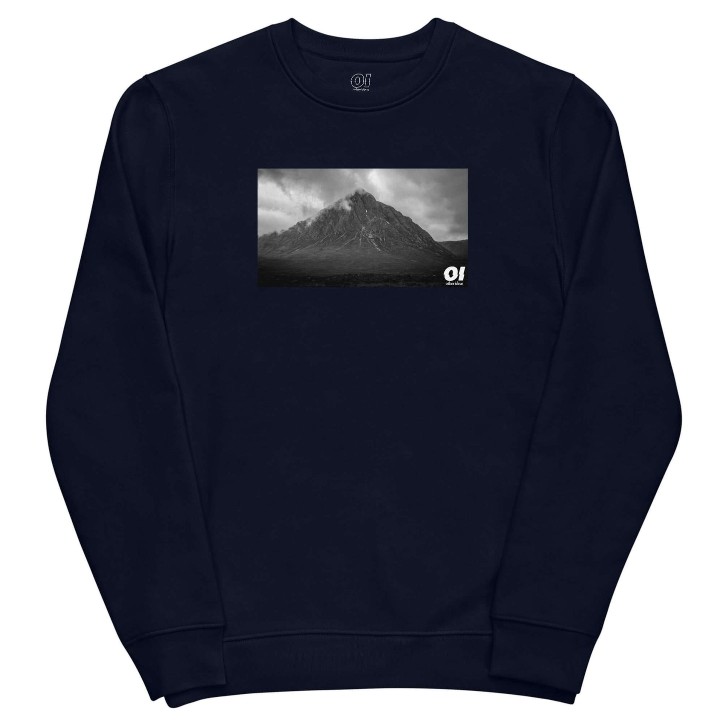 other ideas eco streetwear women's classic french navy blue sweatshirt with wild mountain photo print organic cotton blend jersey sustainable slow fashion flat front view