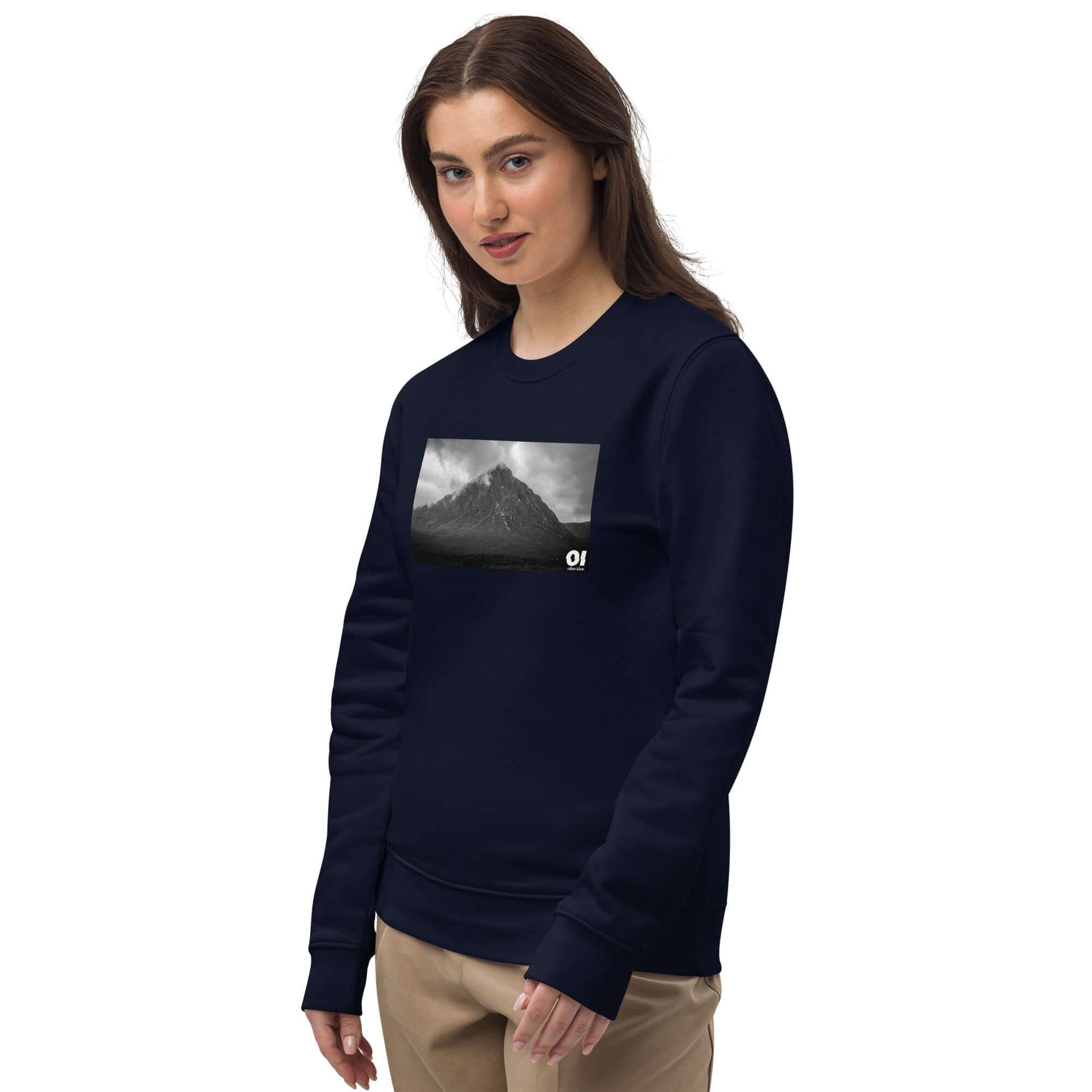 other ideas eco streetwear women's classic french navy blue sweatshirt with wild mountain photo print organic cotton blend jersey sustainable slow fashion modelled front view