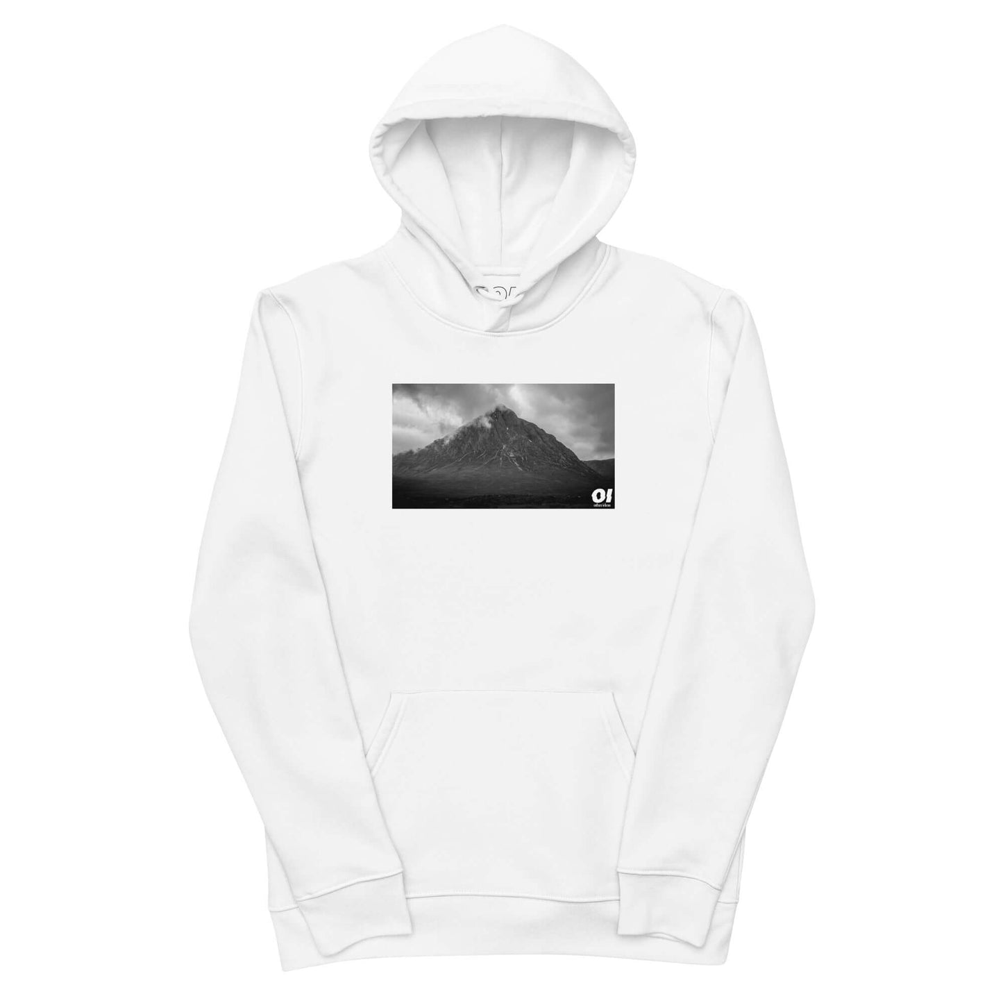 other ideas eco streetwear women's classic white sweatshirt hoodie with atmospheric mountain photo print organic cotton blend jersey sustainable slow fashion flat front view with hood up