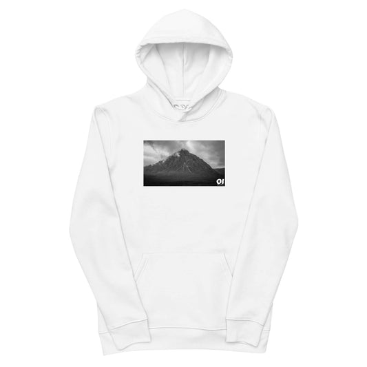 other ideas eco streetwear women's classic white sweatshirt hoodie with atmospheric mountain photo print organic cotton blend jersey sustainable slow fashion flat front view with hood up